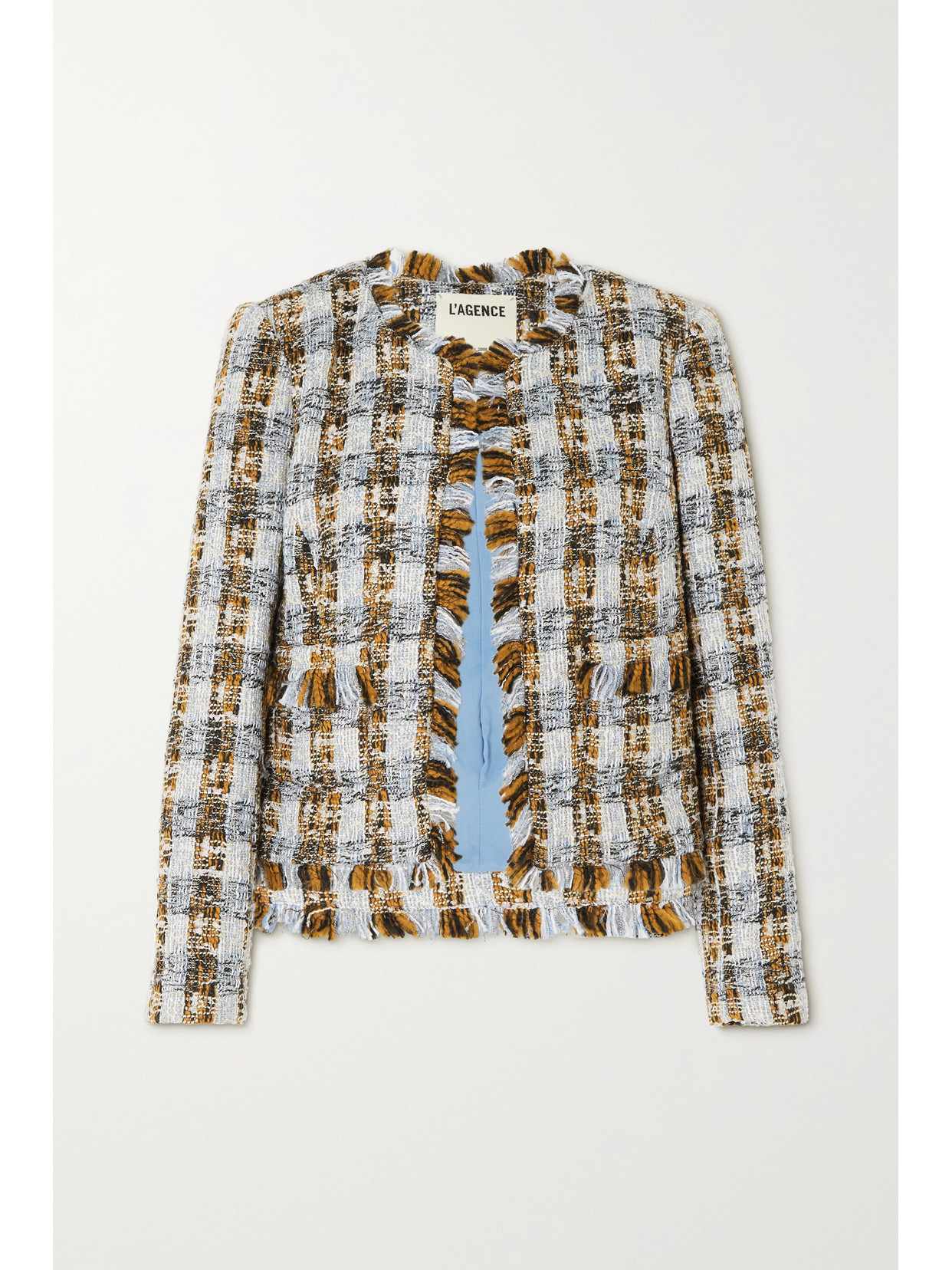 L AGENCE ANGELINA FRAYED CHECKED TWEED BLAZER