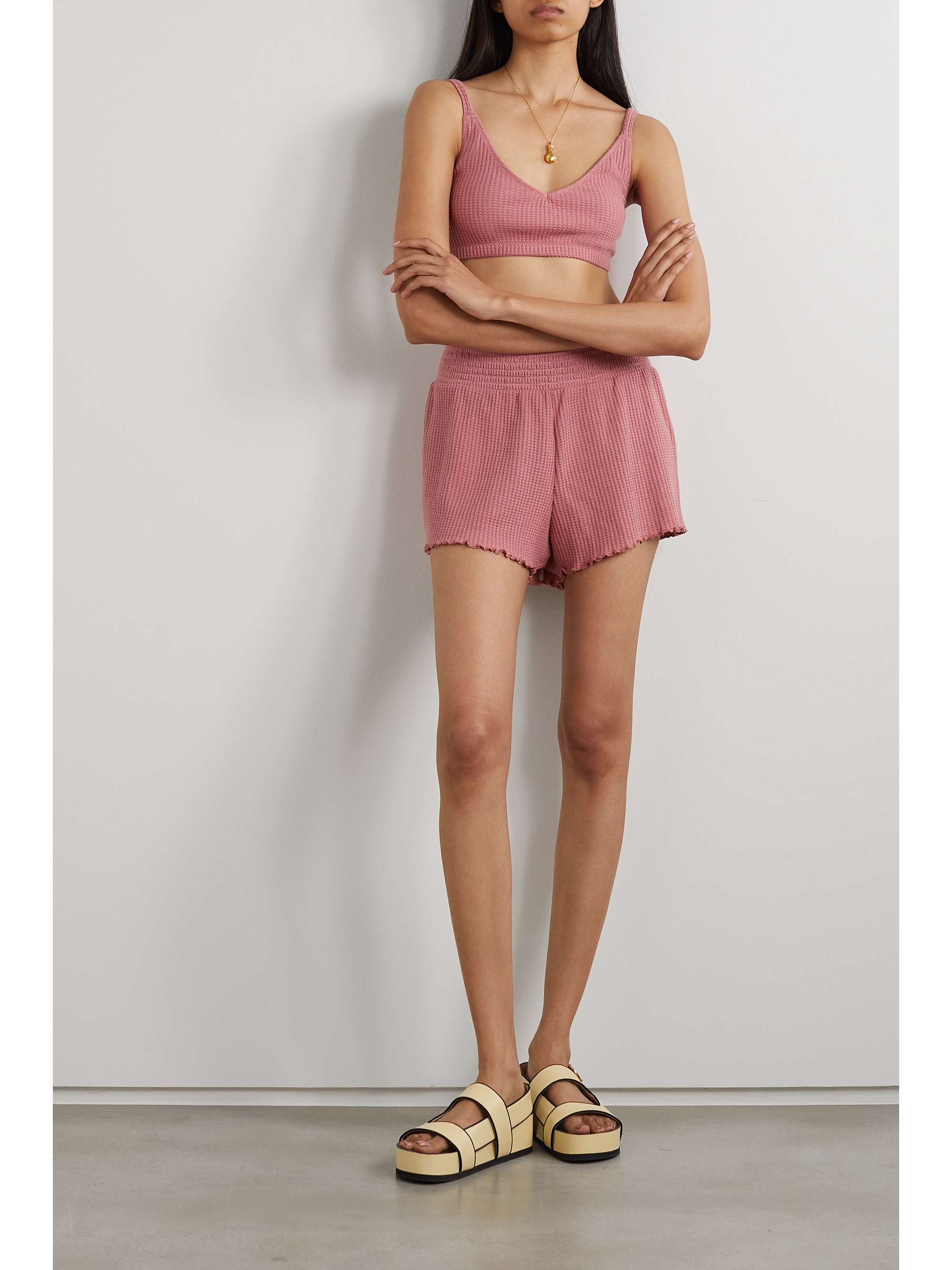NINETY PERCENT Waffle-knit stretch-organic cotton pajama set