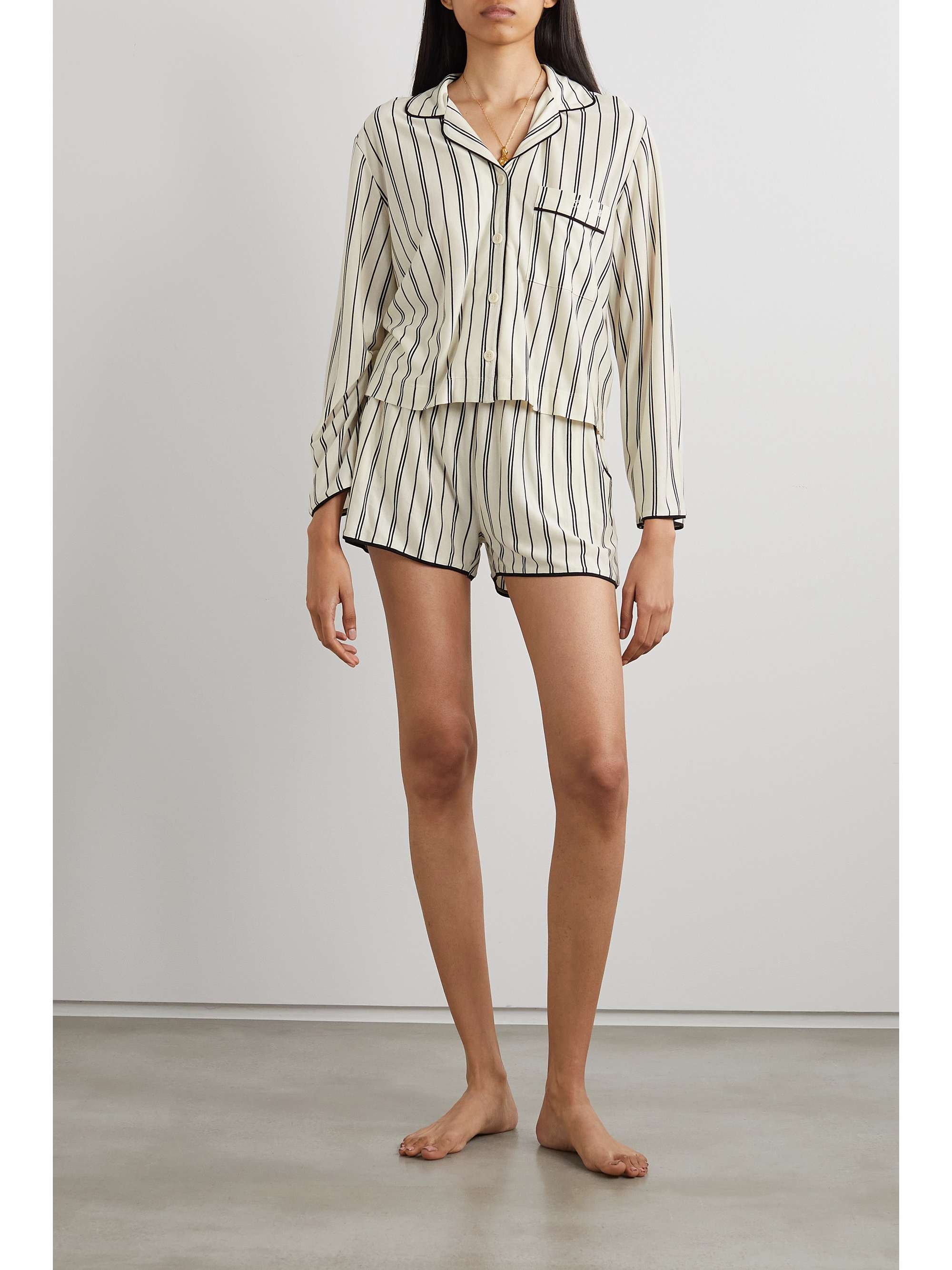 NINETY PERCENT Embroidered striped TENCEL-jersey pajama set
