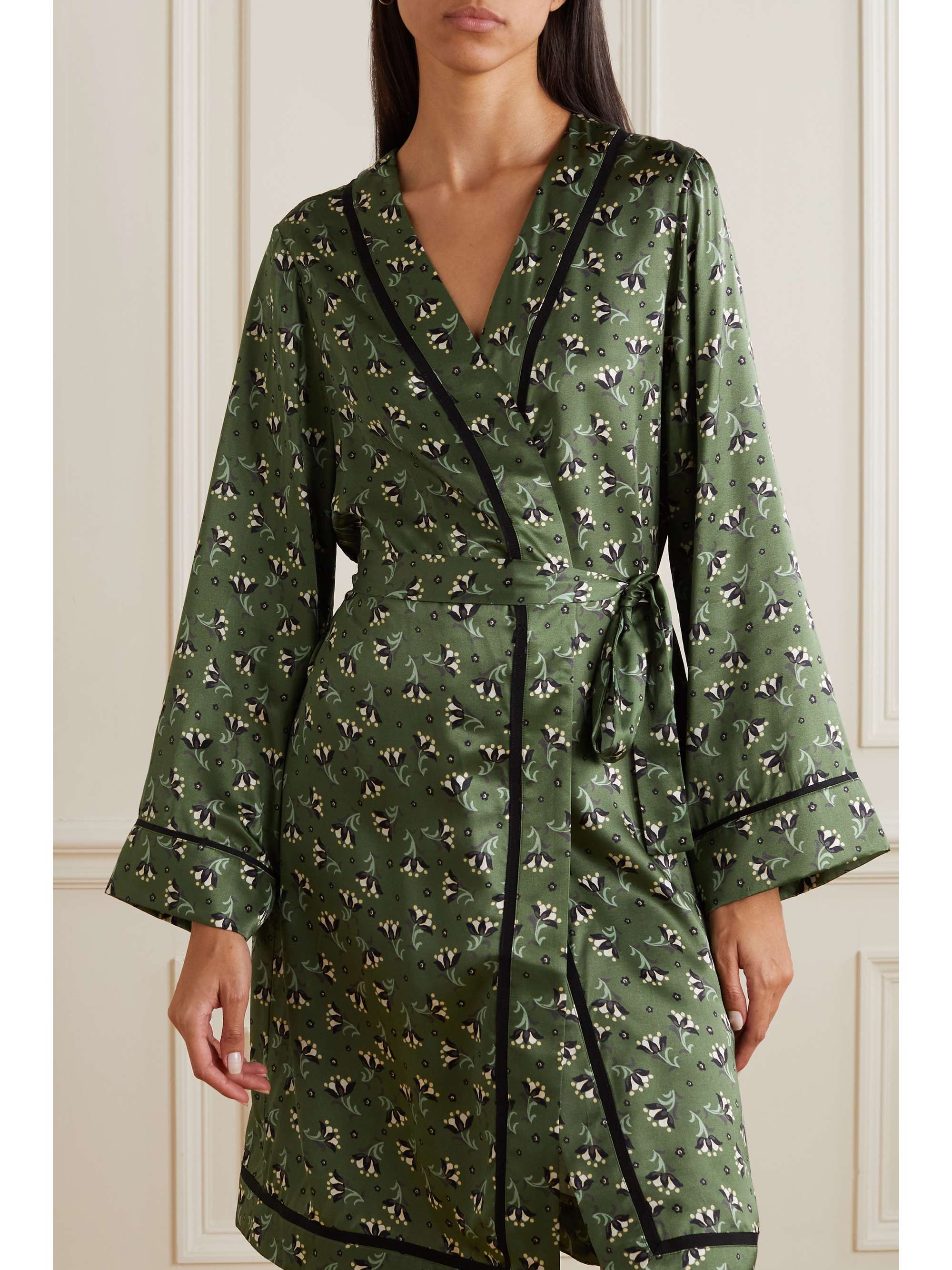 MORGAN LANE Rhea belted grosgrain-trimmed floral-print satin robe