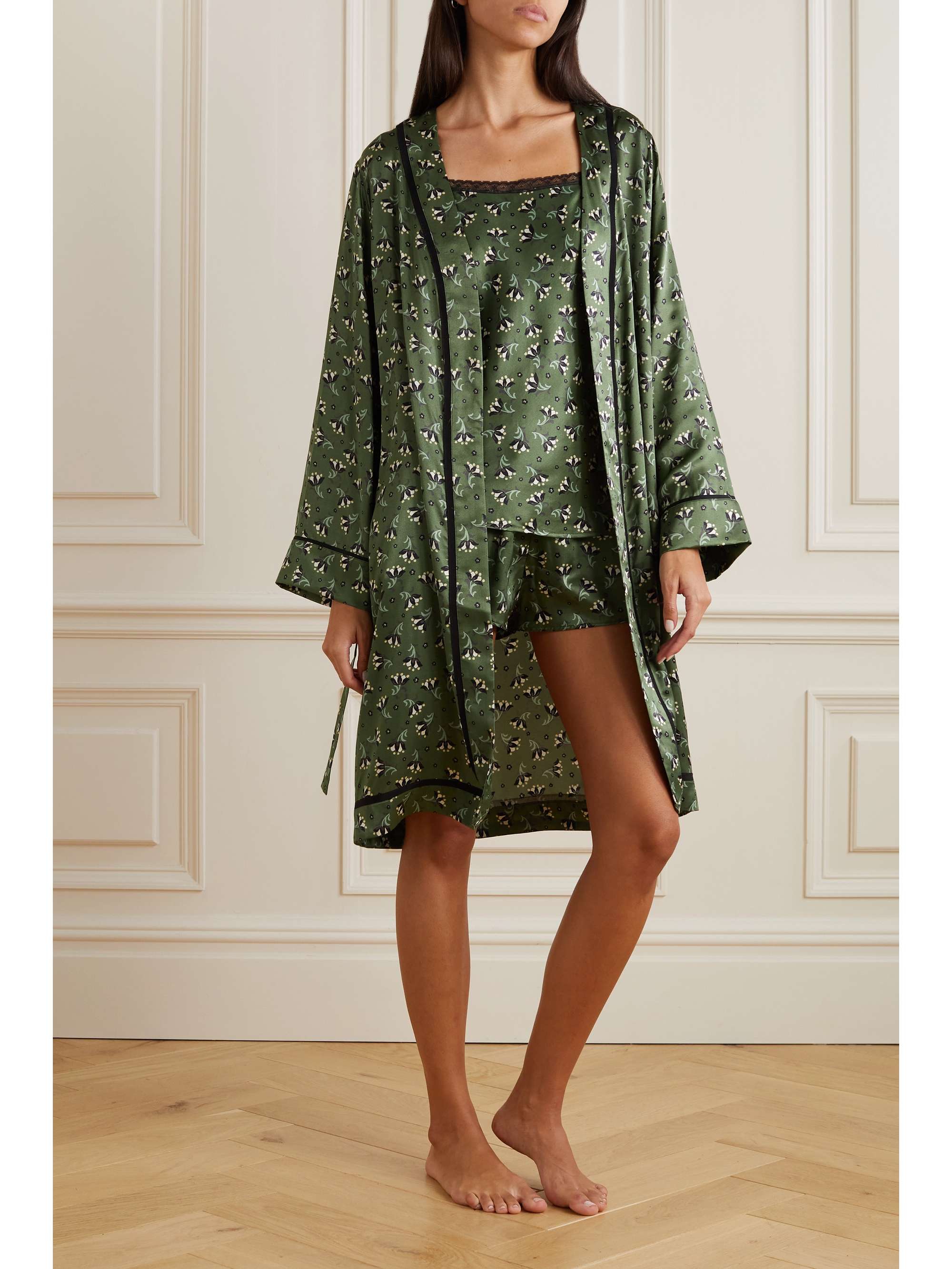 MORGAN LANE Rhea belted grosgrain-trimmed floral-print satin robe