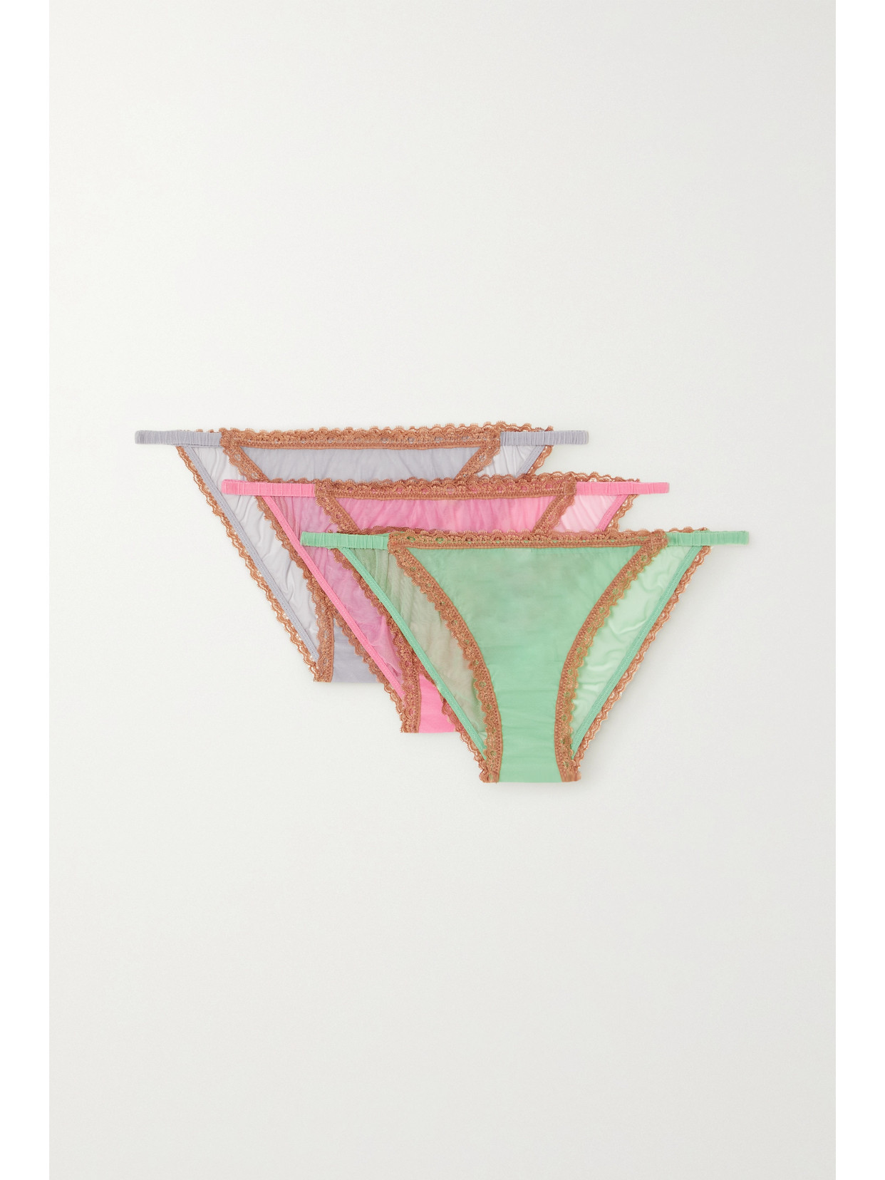 Love Stories - Long Weekend Isabels Set Of Three Embroidered Lace-trimmed Stretch Recycled-mesh Briefs - Green