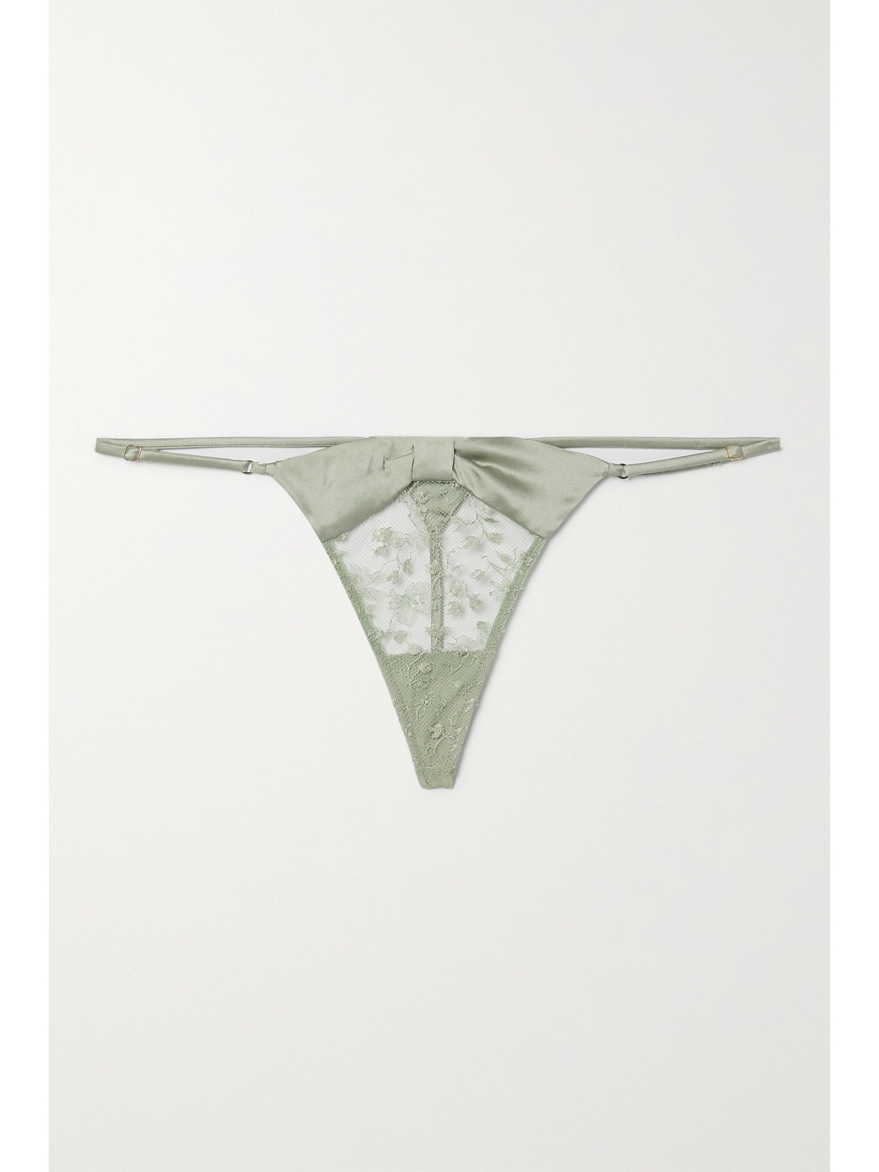 Kiki de Montparnasse - Cecile Silk-blend Satin-trimmed Lace Thong - Sage green 22 Awaiting product image