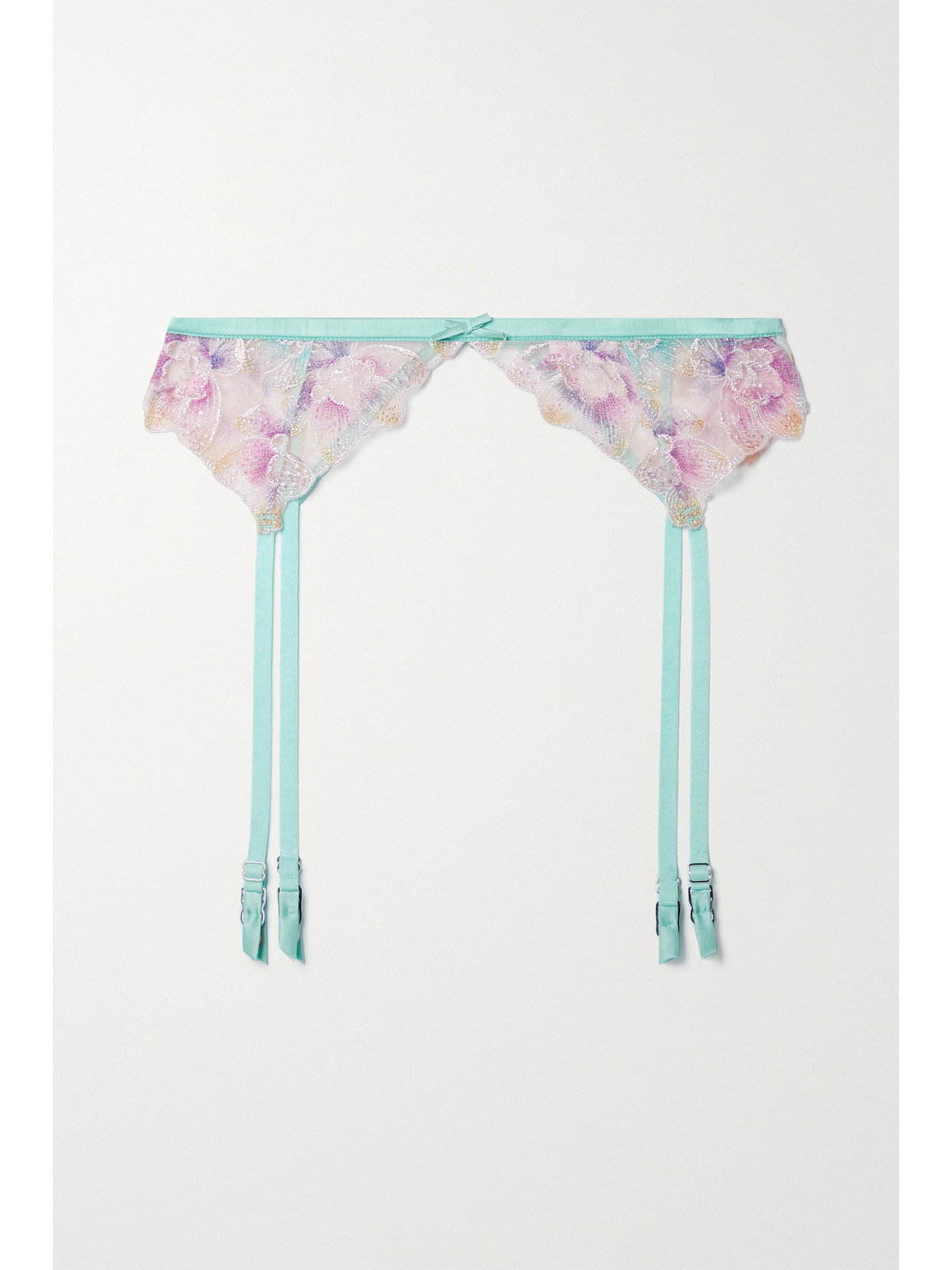 FLEUR DU MAL – Pixie Satin-trimmed Embroidered Tulle Suspender Belt – Turquoise