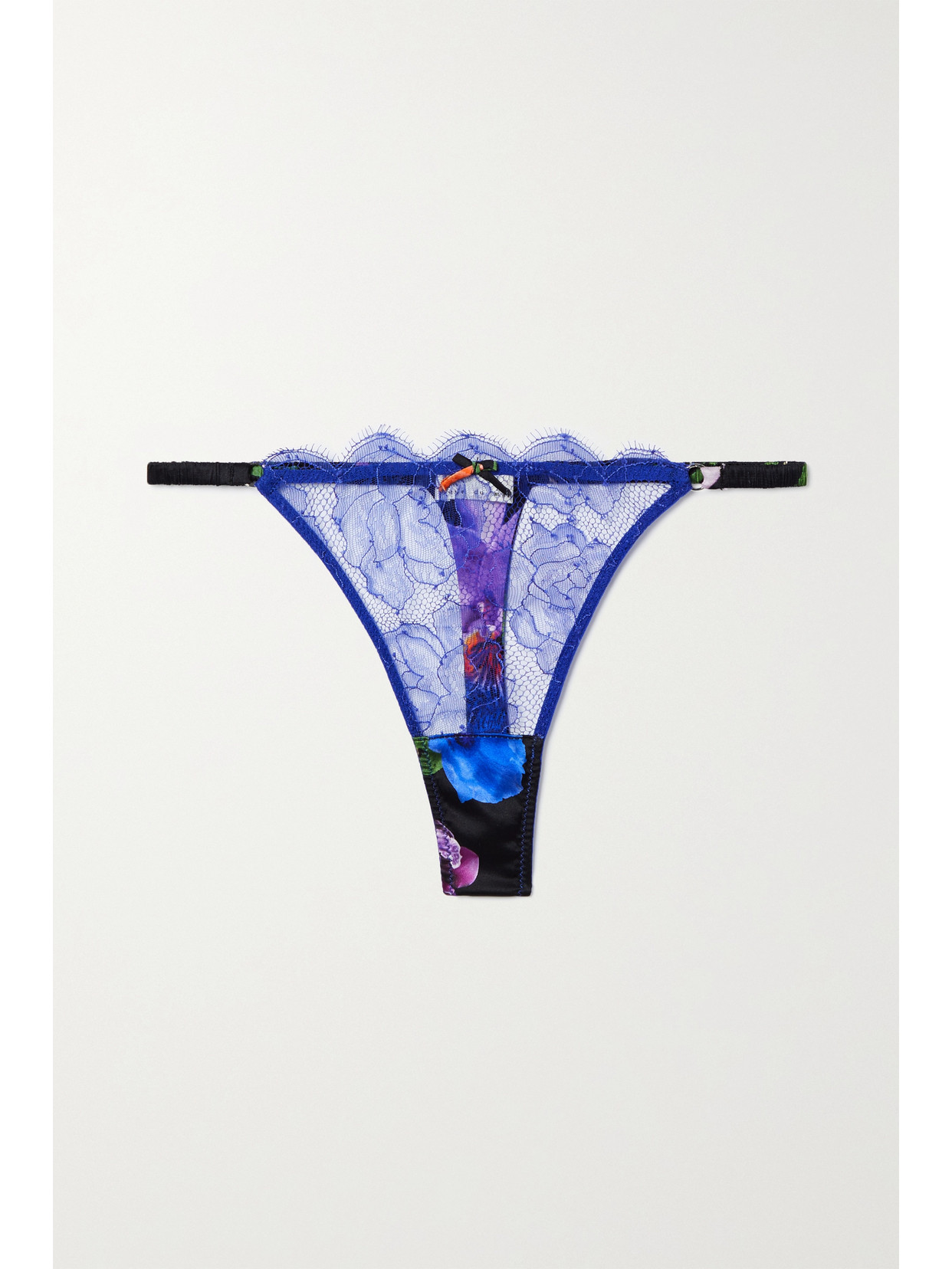 FLEUR DU MAL ROSE LACE AND FLORAL-PRINT STRETCH-SILK SATIN THONG
