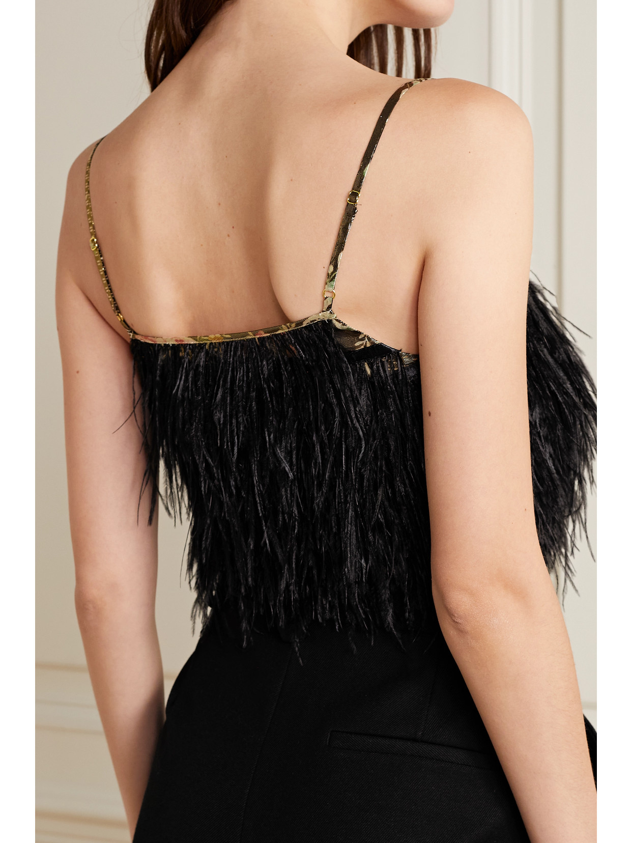 Loveshackfancy Dusty Cropped Feather-trimmed Printed Silk-crepe Camisole In Black