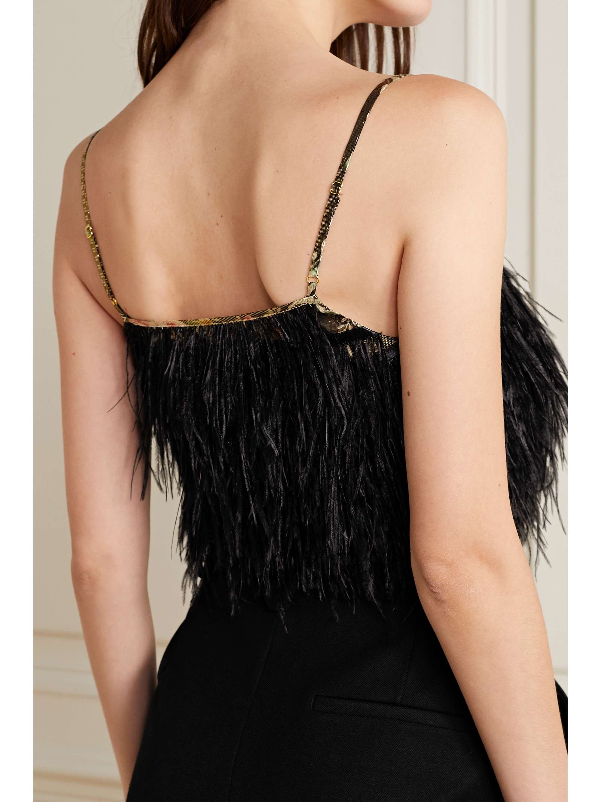 LOVESHACKFANCY Dusty cropped feather-trimmed printed silk-crepe camisole