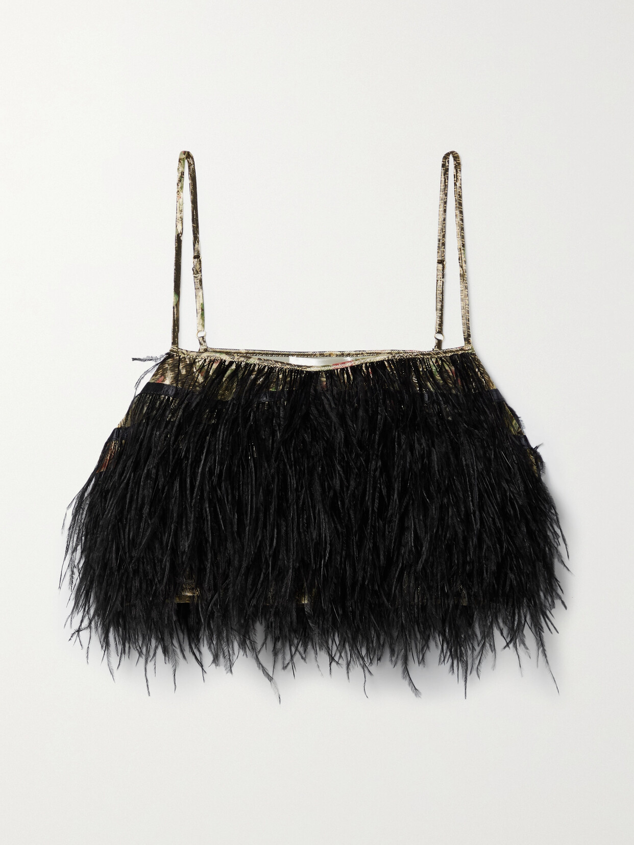 Loveshackfancy Dusty Cropped Feather-trimmed Printed Silk-crepe Camisole In Black