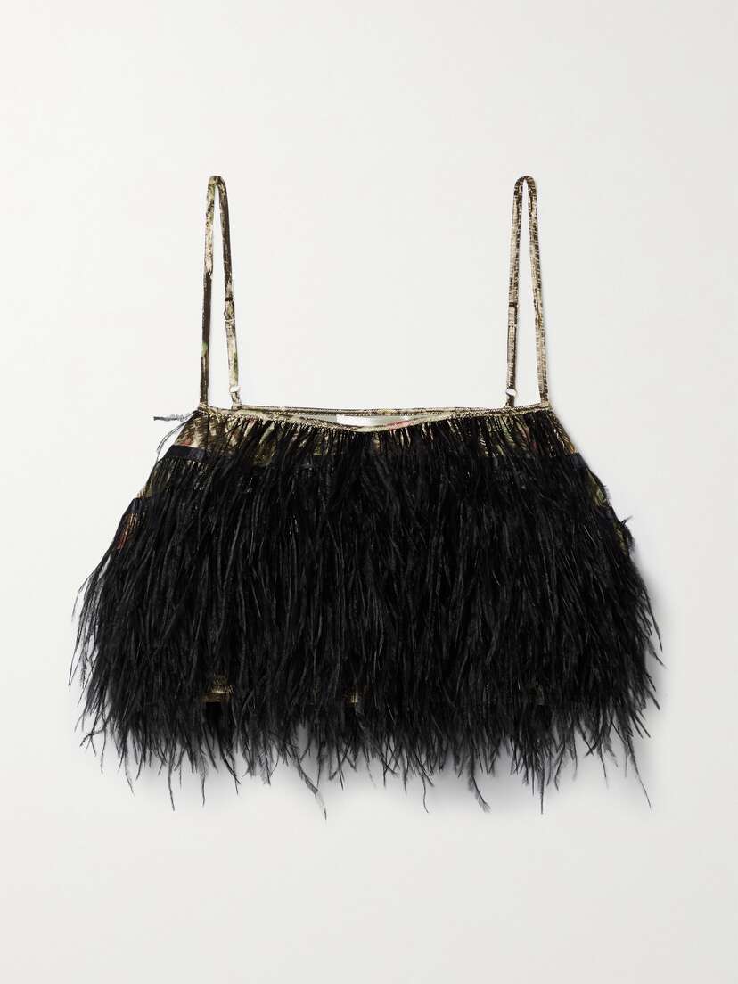 LoveShackFancy Dusty Cropped Feather-trimmed Printed Silk-crepe Camisole