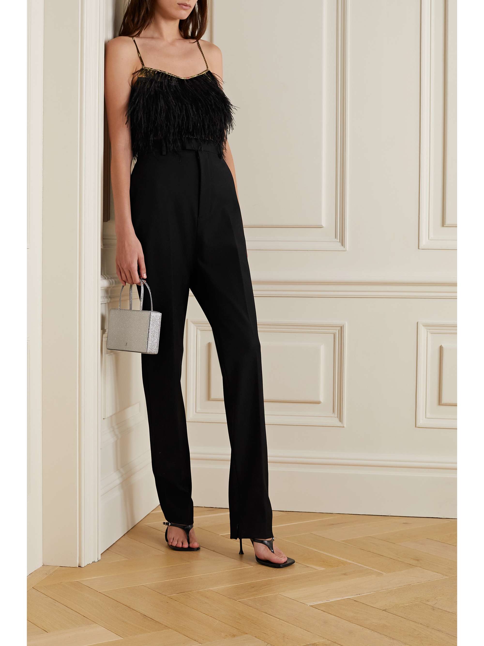 LOVESHACKFANCY Dusty cropped feather-trimmed printed silk-crepe camisole