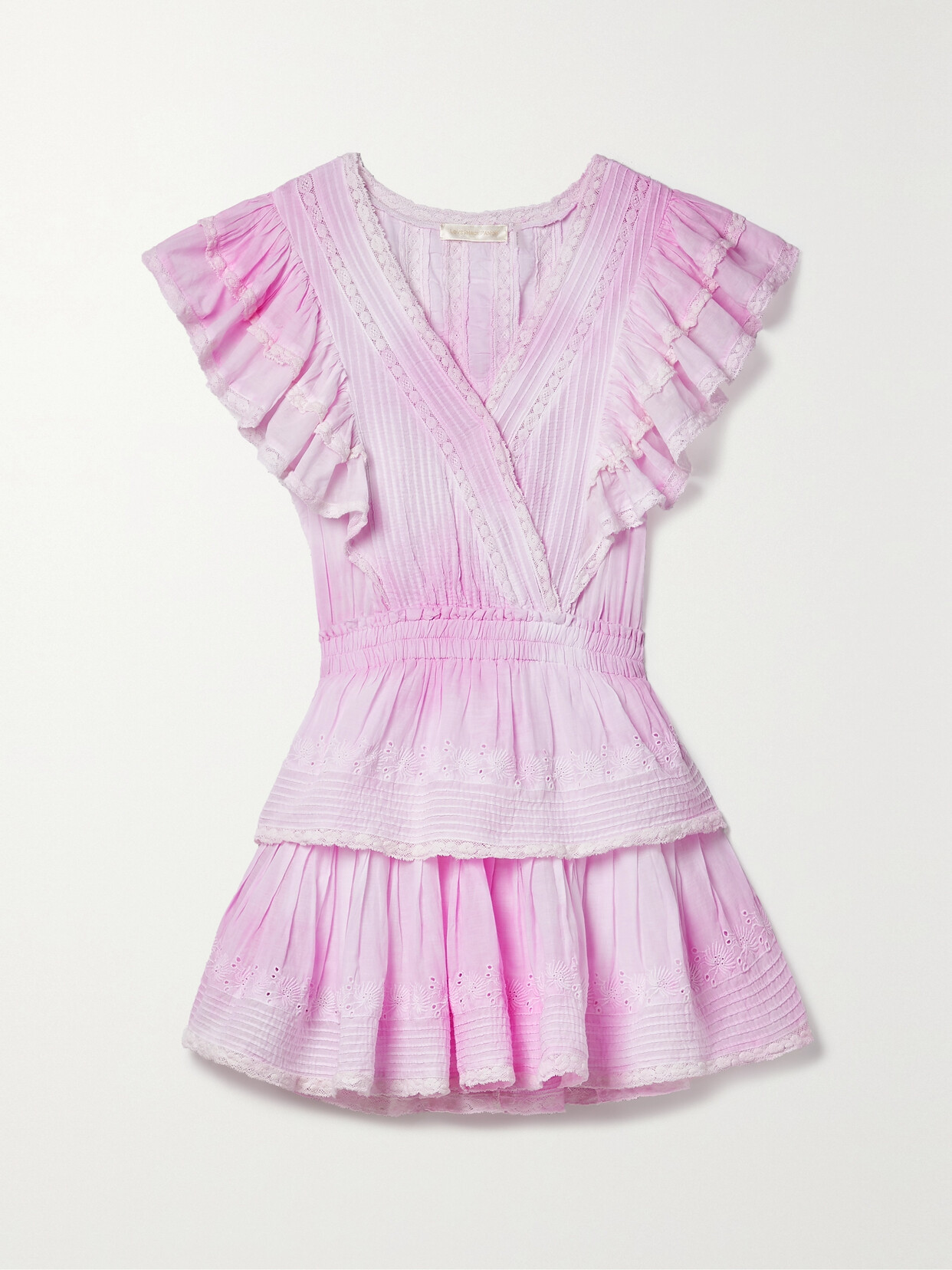 LOVESHACKFANCY GWEN RUFFLED LACE-TRIMMED TIE-DYED BRODERIE ANGLAISE COTTON MINI DRESS