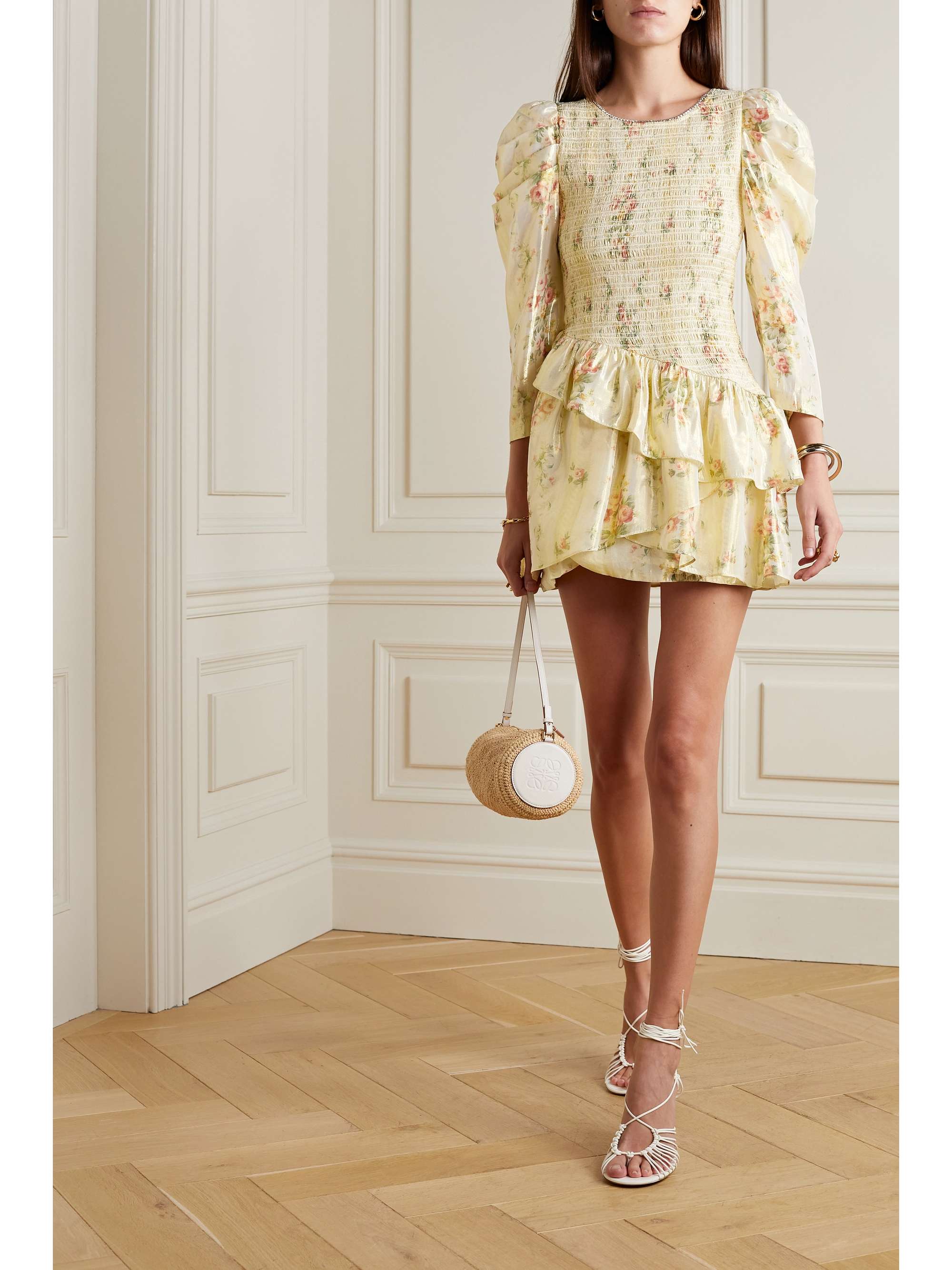 LOVESHACKFANCY Greenwich embellished shirred floralprint lamé mini