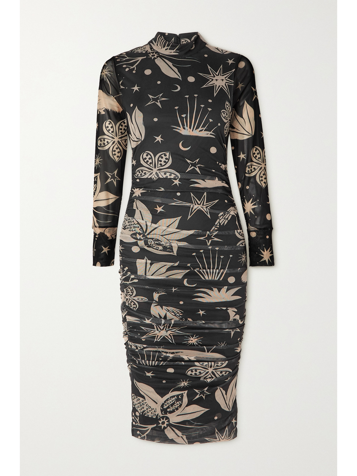 Farm Rio Ruched Printed Stretch-tulle Midi Dress In Black