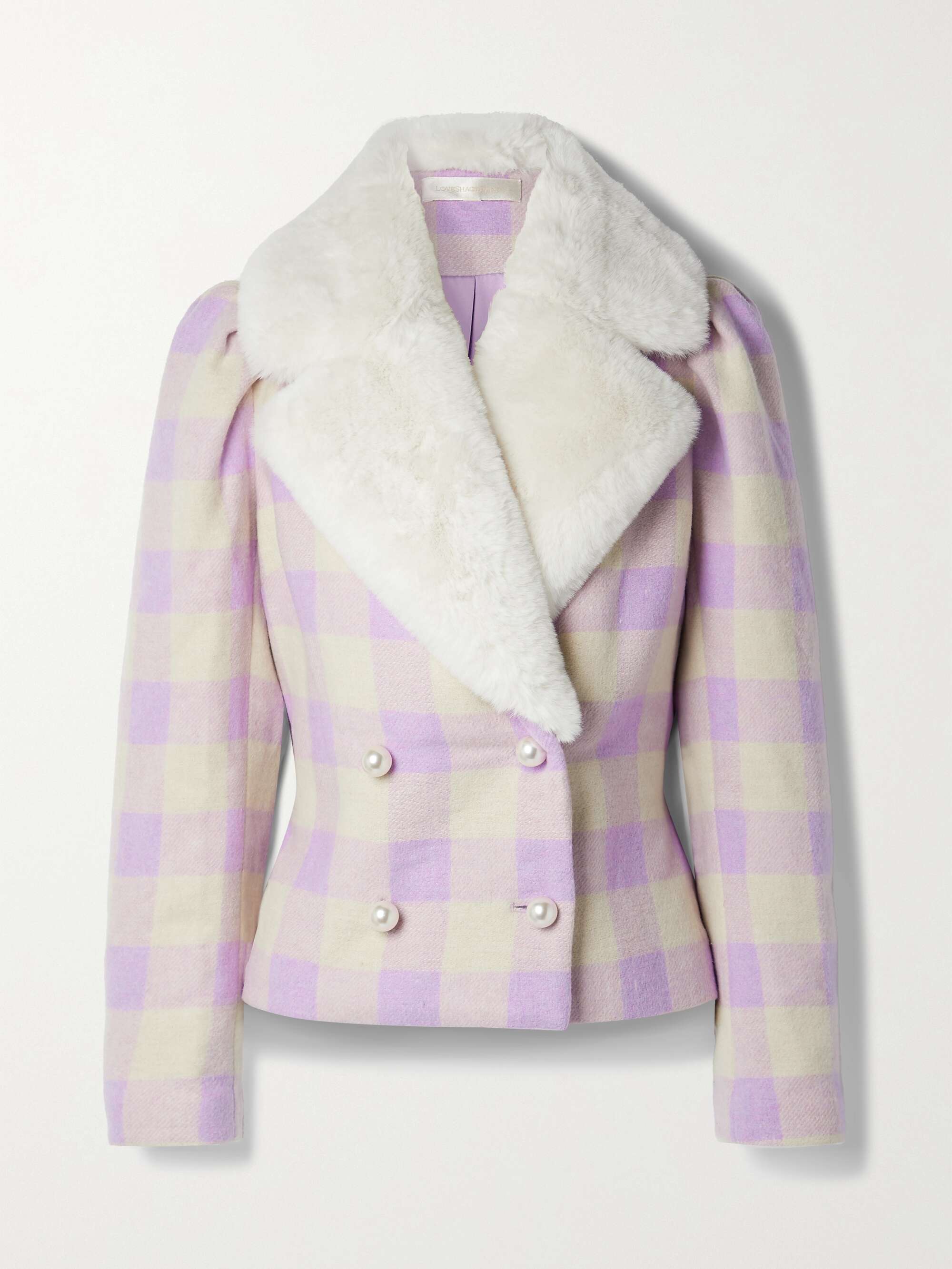 LOVESHACKFANCY Dumont double-breasted faux fur-trimmed checked tweed ...