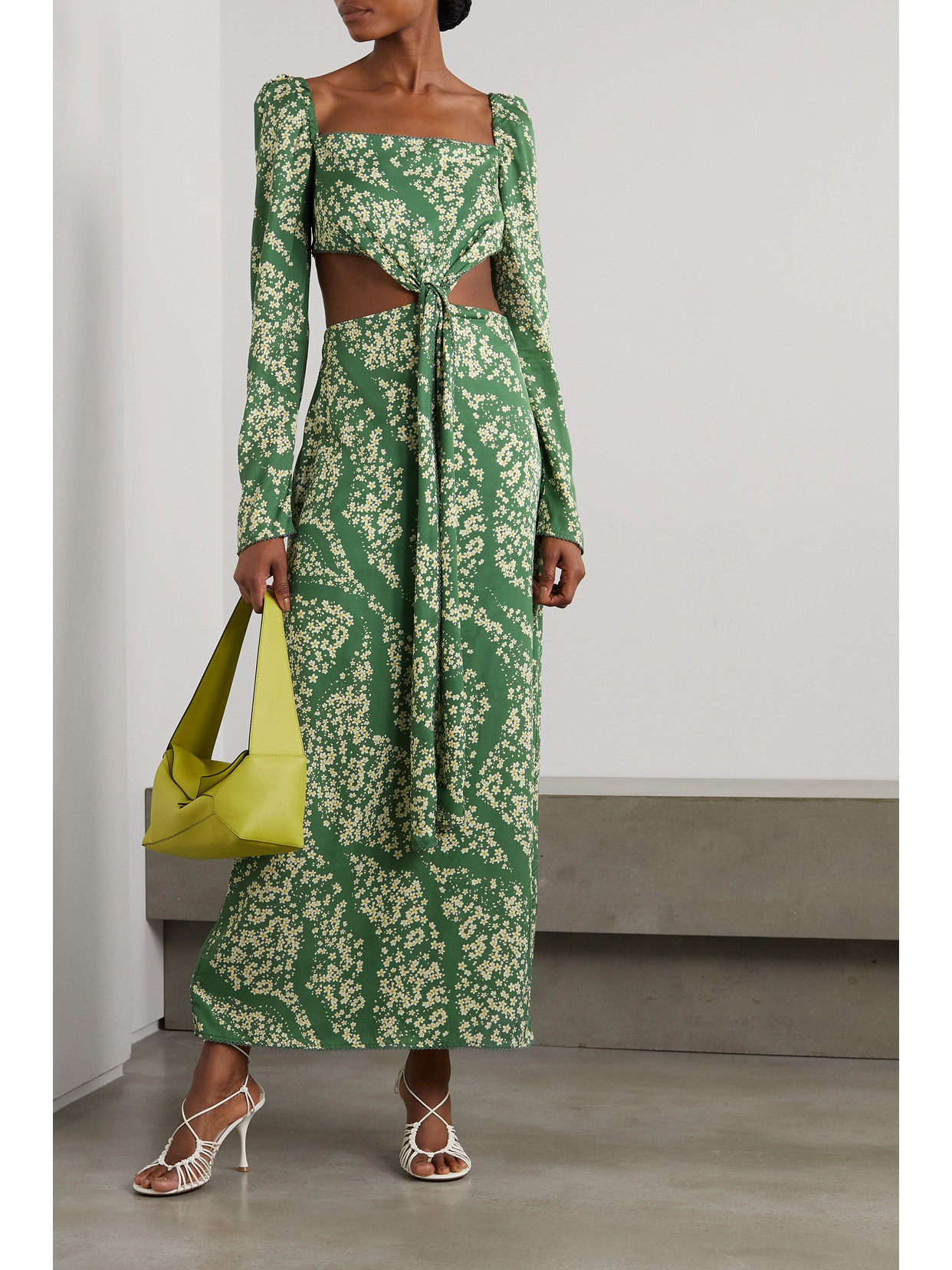 Shop Agua By Agua Bendita Cuarzo Astro Esmeralda Cutout Floral-print Twill Maxi Dress In Green