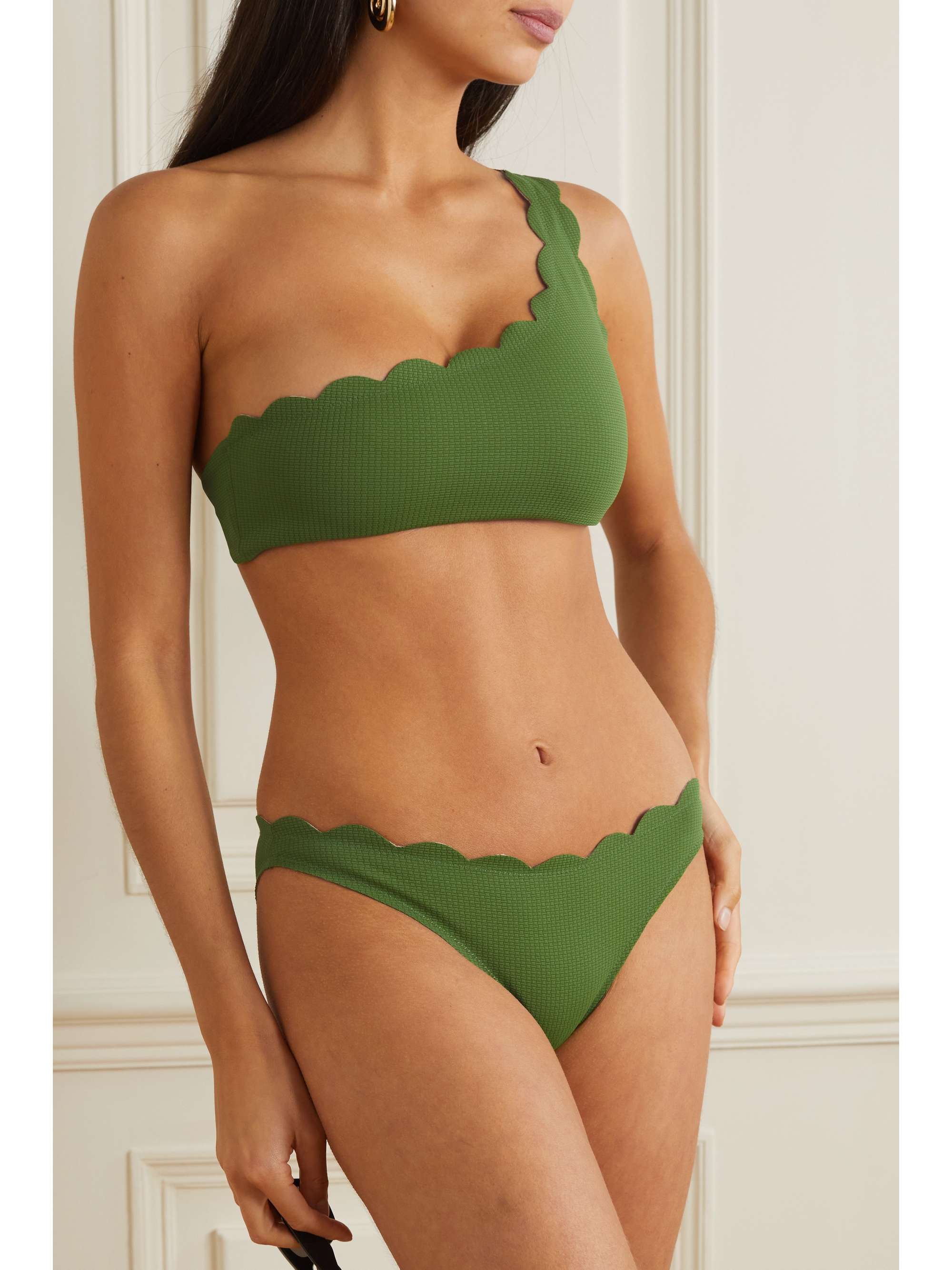 MARYSIA Santa Barbara one-shoulder scalloped seersucker bikini top