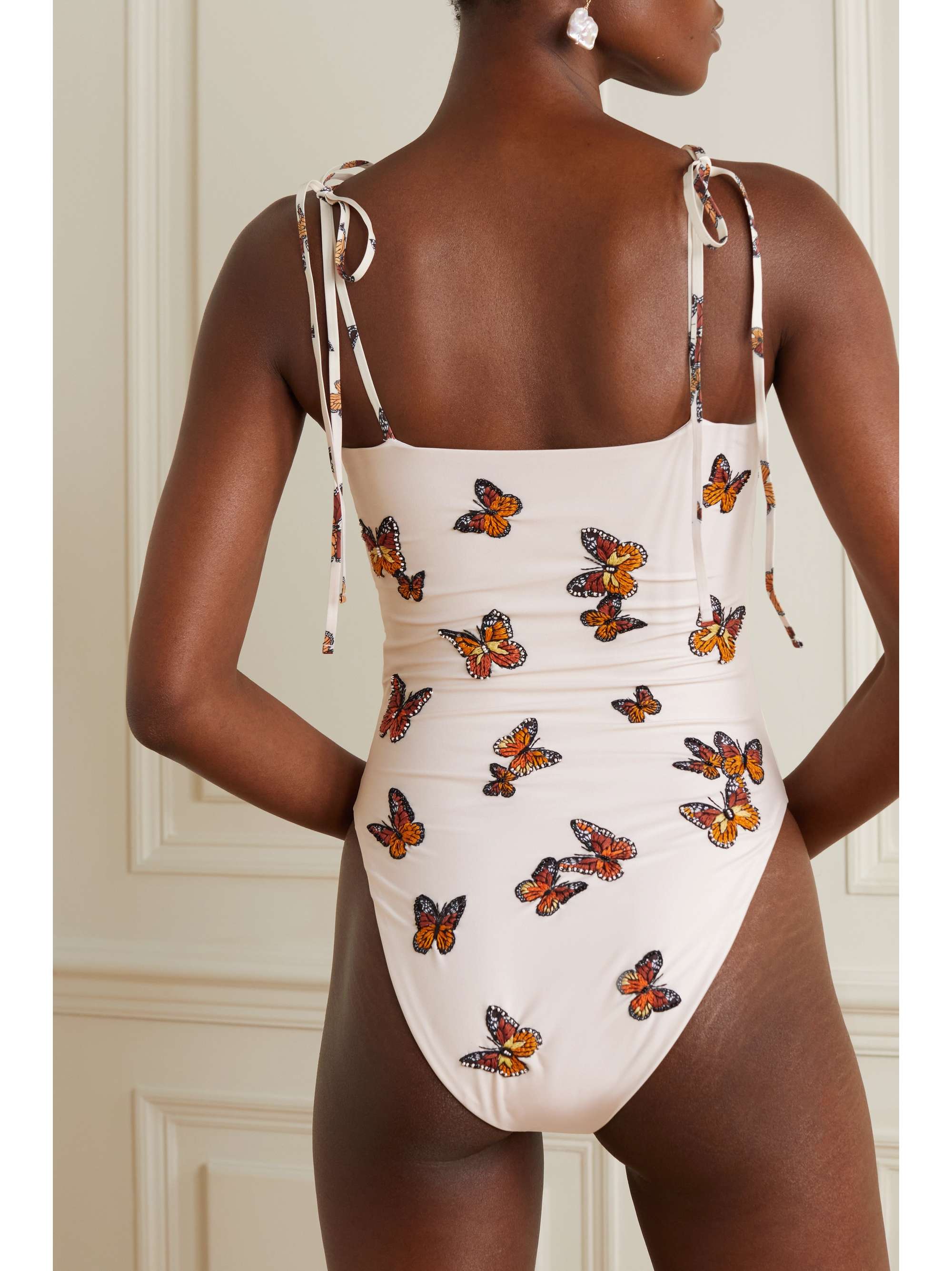 AGUA BY AGUA BENDITA Ébano Monarca Crema bead-embellished embroidered recycled swimsuit