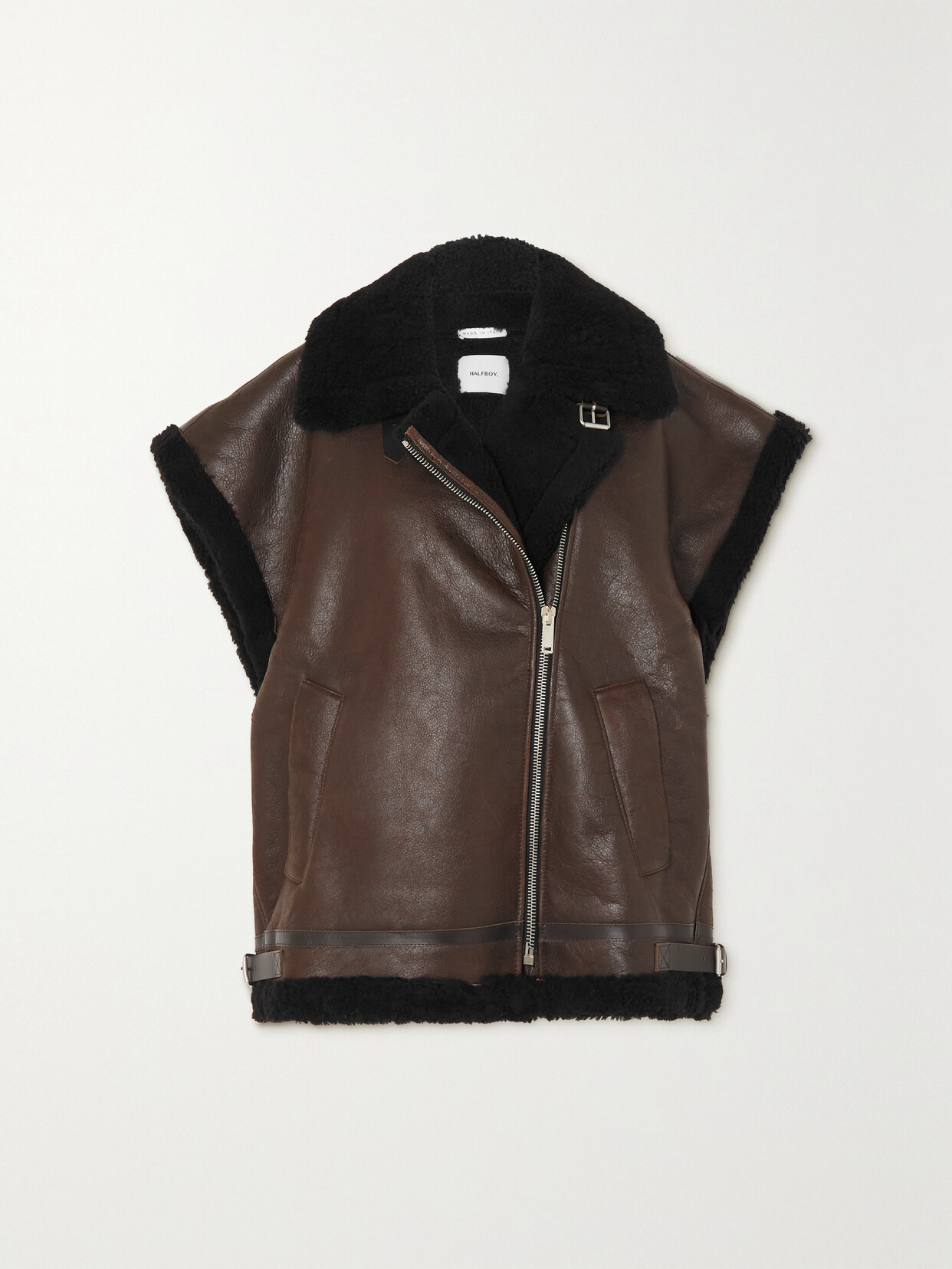 HALFBOY Biker Leather-trimmed Shearling Vest - Black