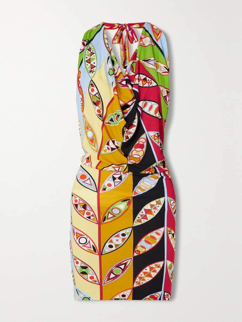 printed satin-crepe halterneck mini dress