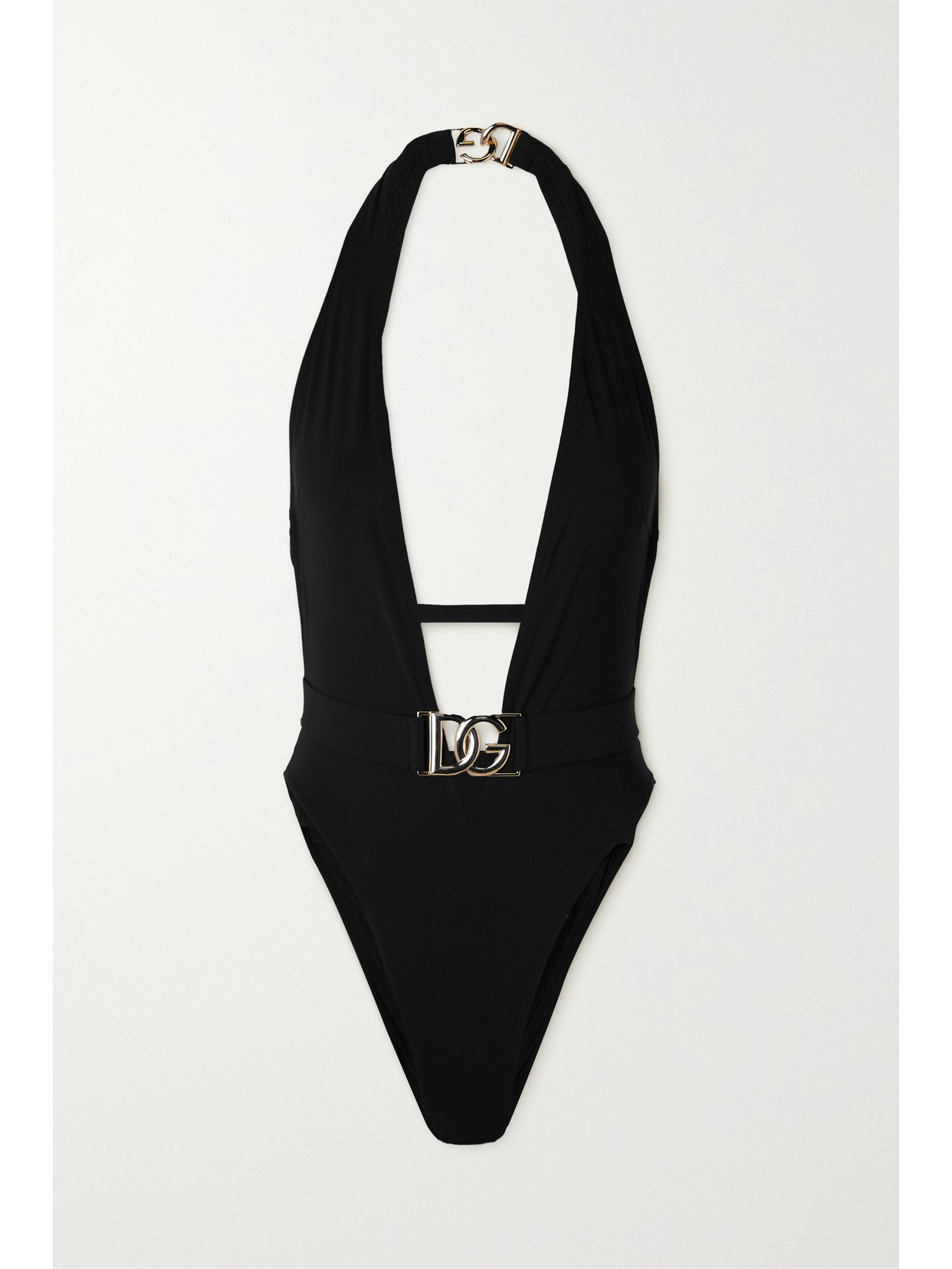 Dolce & Gabbana Plunging Neckline Belted Swimsuit In Black