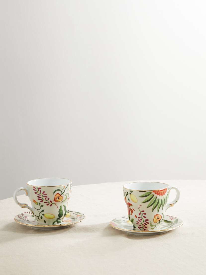 La DoubleJ Set Of Two Gold-plated Porcelain Espresso Cups And Saucers