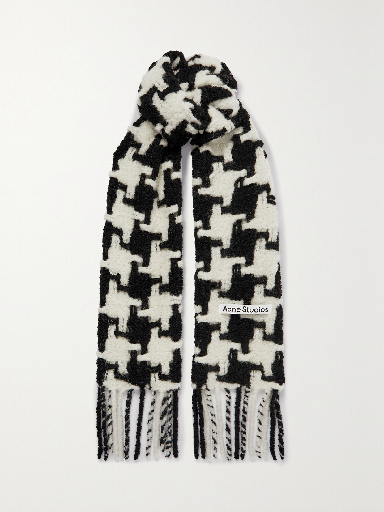Acne Studios Fringed Houndstooth Alpaca-blend Scarf In White/black