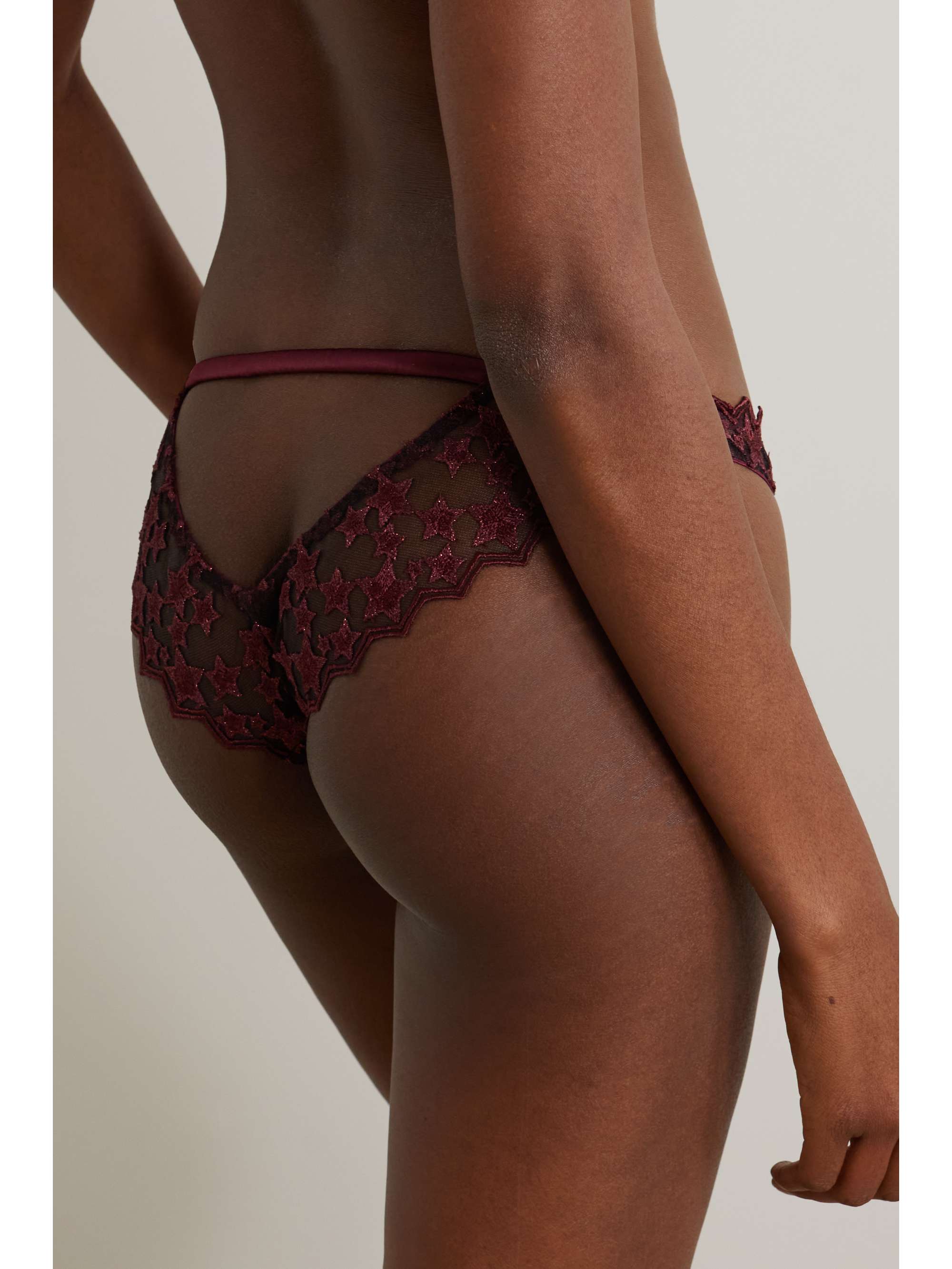 COCO DE MER Stella cutout metallic embroidered tulle and satin briefs