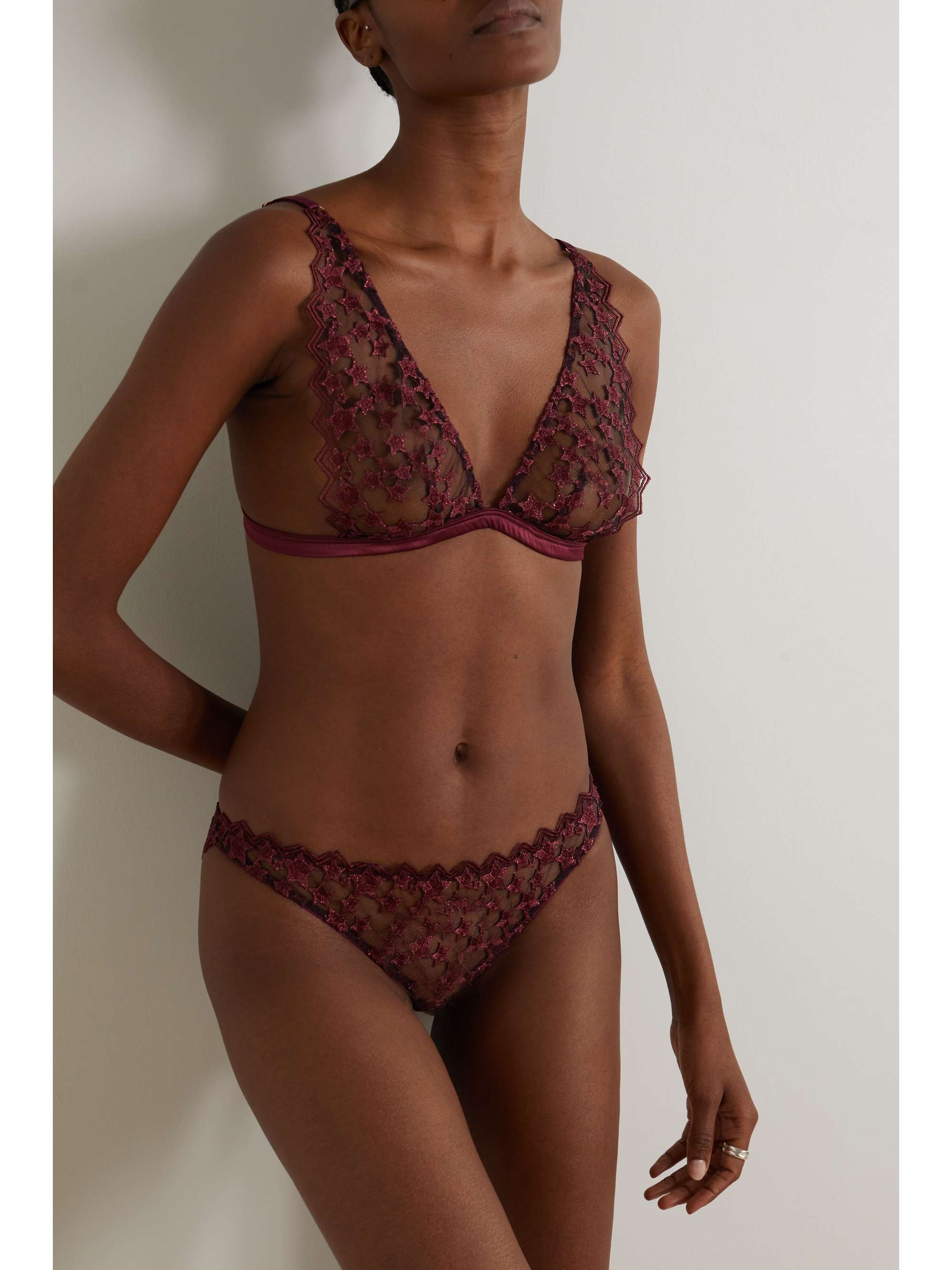 COCO DE MER Stella cutout metallic embroidered tulle and satin briefs