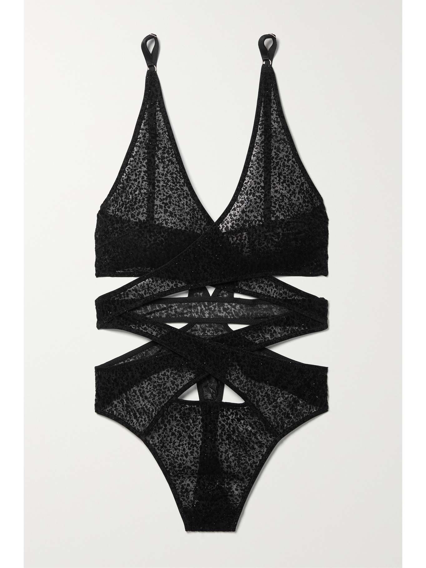 Black Ava cutout metallic flocked stretchtulle thong bodysuit COCO