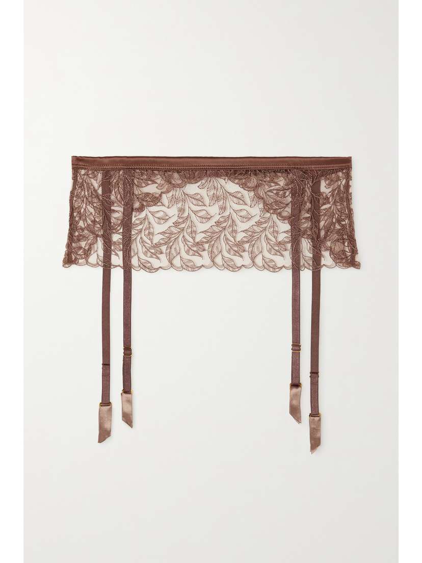 Coco de Mer Paeonia Satin-trimmed Embroidered Tulle Suspender Belt