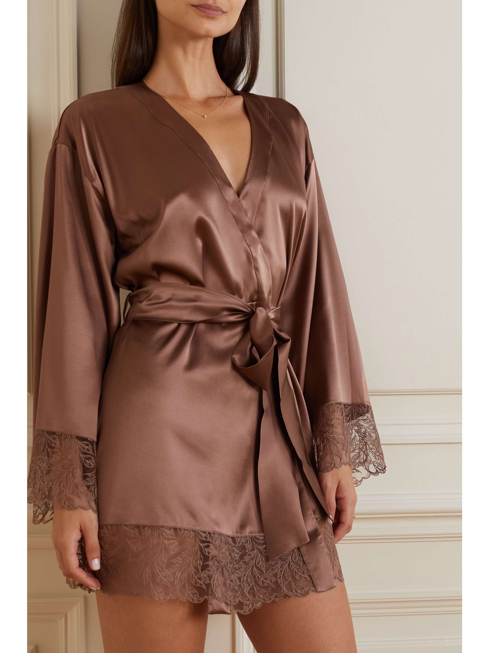 COCO DE MER Paeonia embroidered tulle-trimmed satin robe | NET-A-PORTER