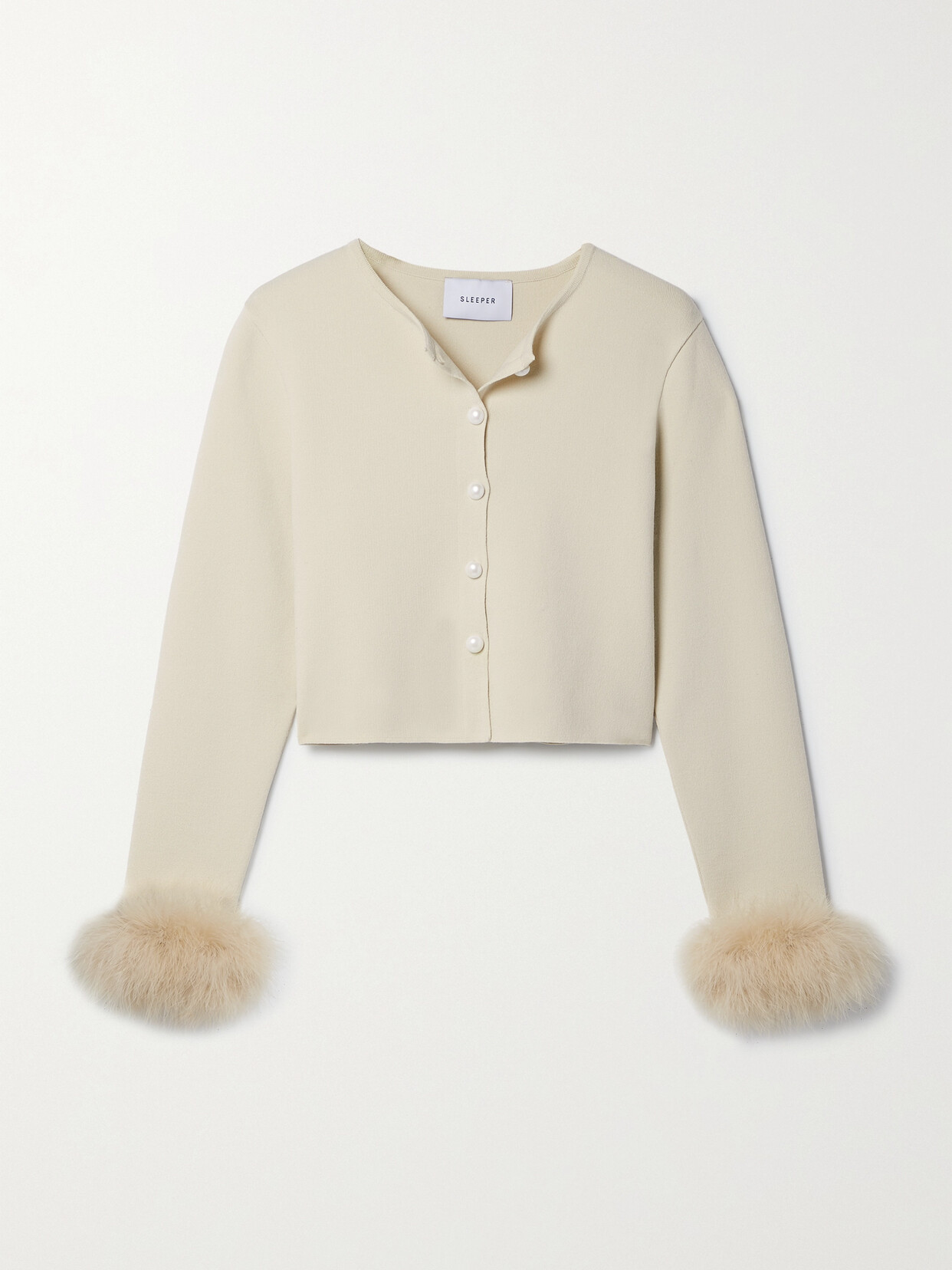 Sleeper Feather-trimmed Cropped Knitted Cardigan In Cream