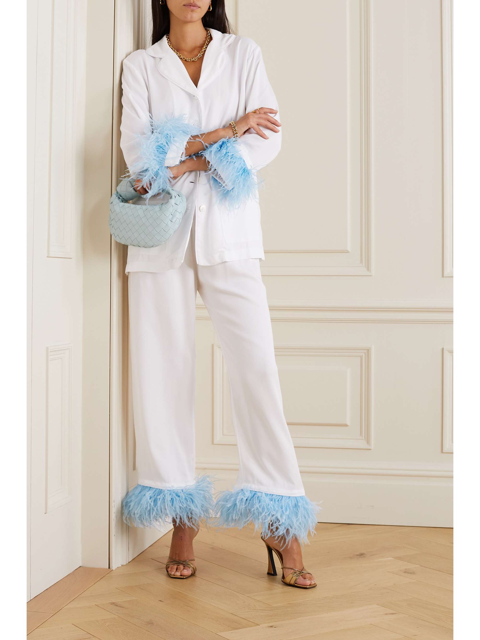 SLEEPER Feather-trimmed twill pajama set