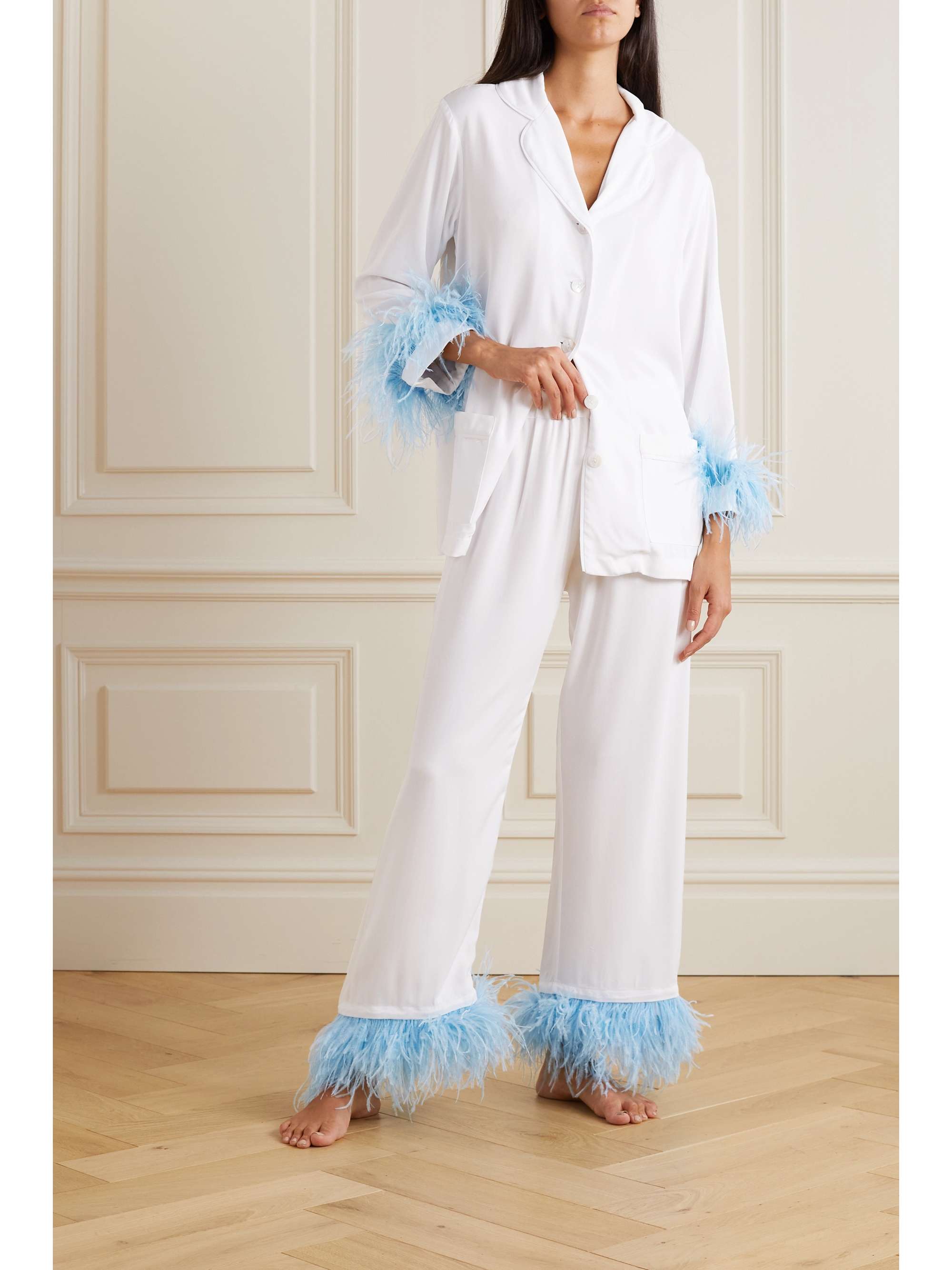 SLEEPER Feather-trimmed twill pajama set