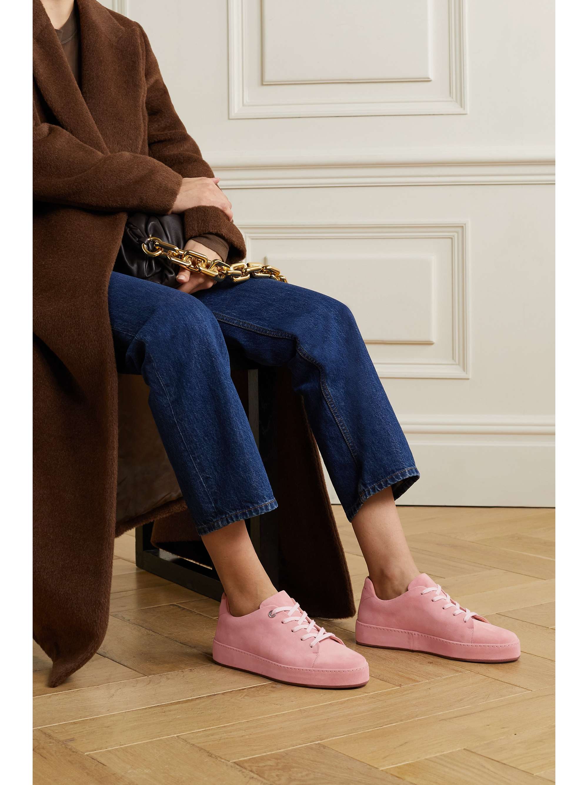Baby pink Suede-trimmed mélange brushed-cashmere sneakers | LORO PIANA |  NET-A-PORTER