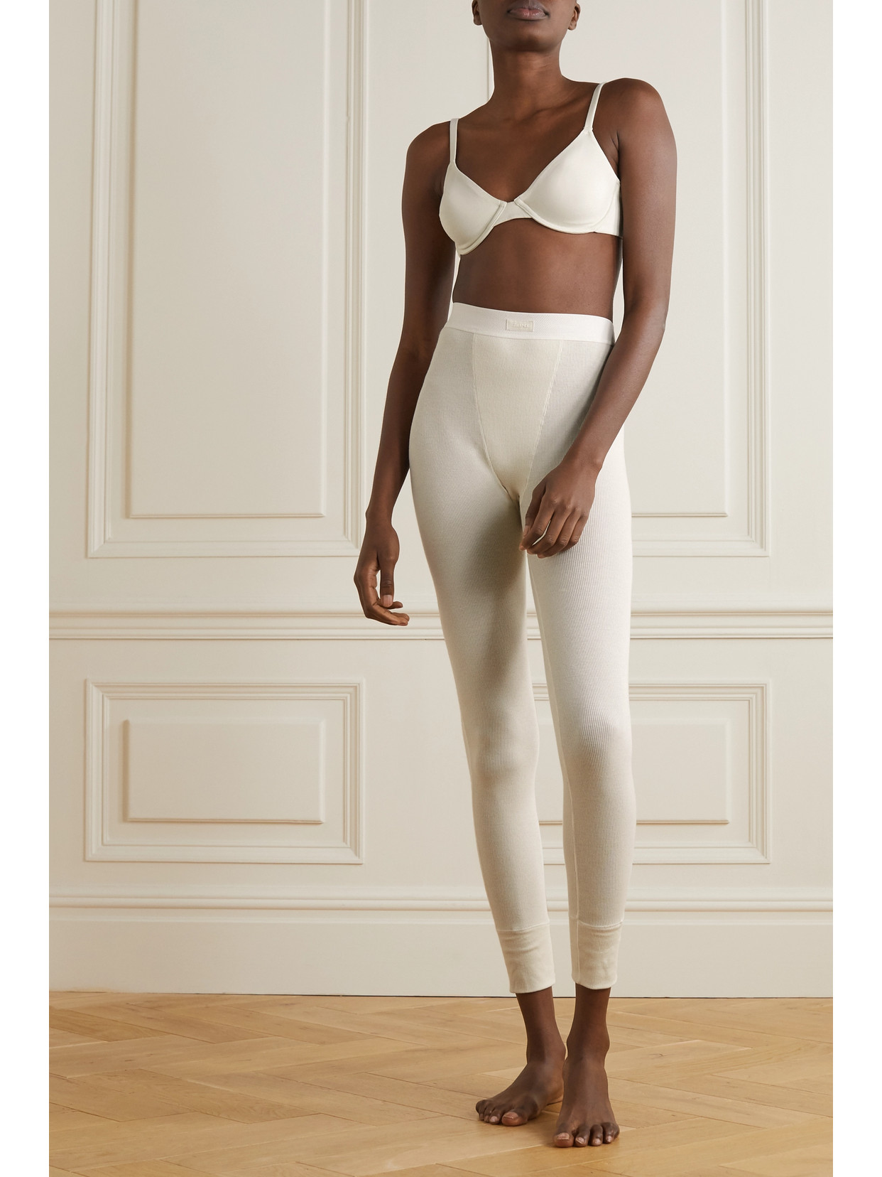 Skims Ribbed High-rise Stretch-cotton Leggings In Cream