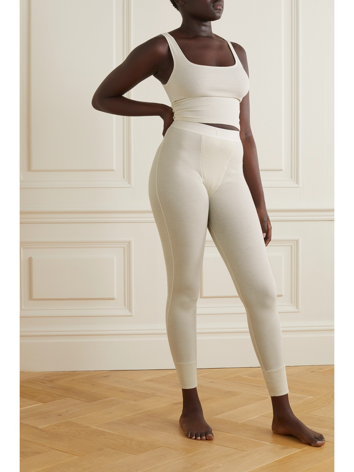 Skims Ribbed High-rise Stretch-cotton Leggings In Cream