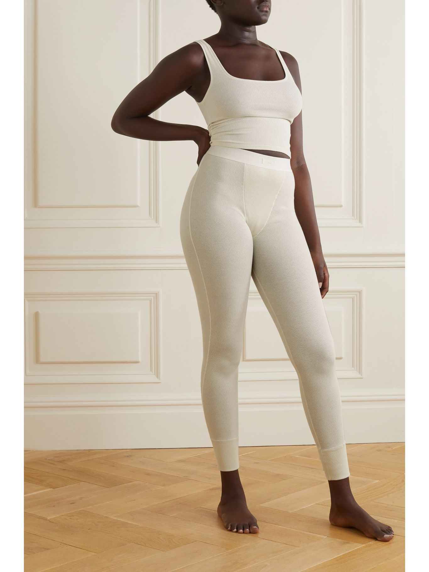 Cream Thermal ribbed cottonblend leggings Bone SKIMS NETAPORTER