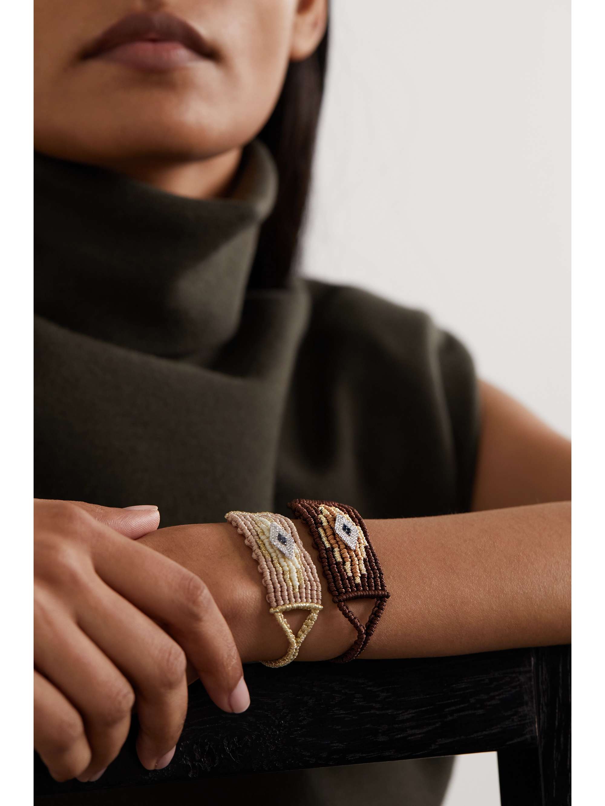 DIANE KORDAS Evil Eye woven cord and 14-karat white gold diamond and sapphire bracelet