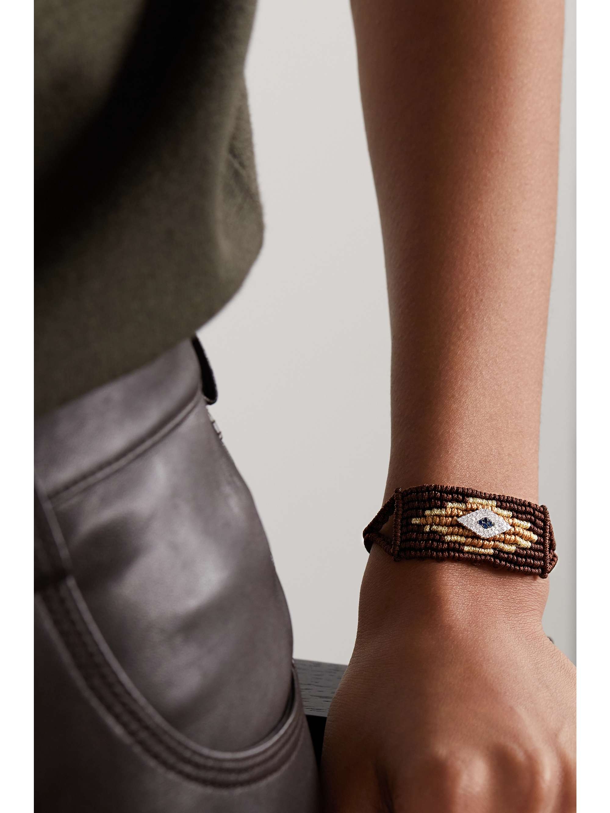 DIANE KORDAS Evil Eye woven cord and 14-karat white gold diamond and sapphire bracelet