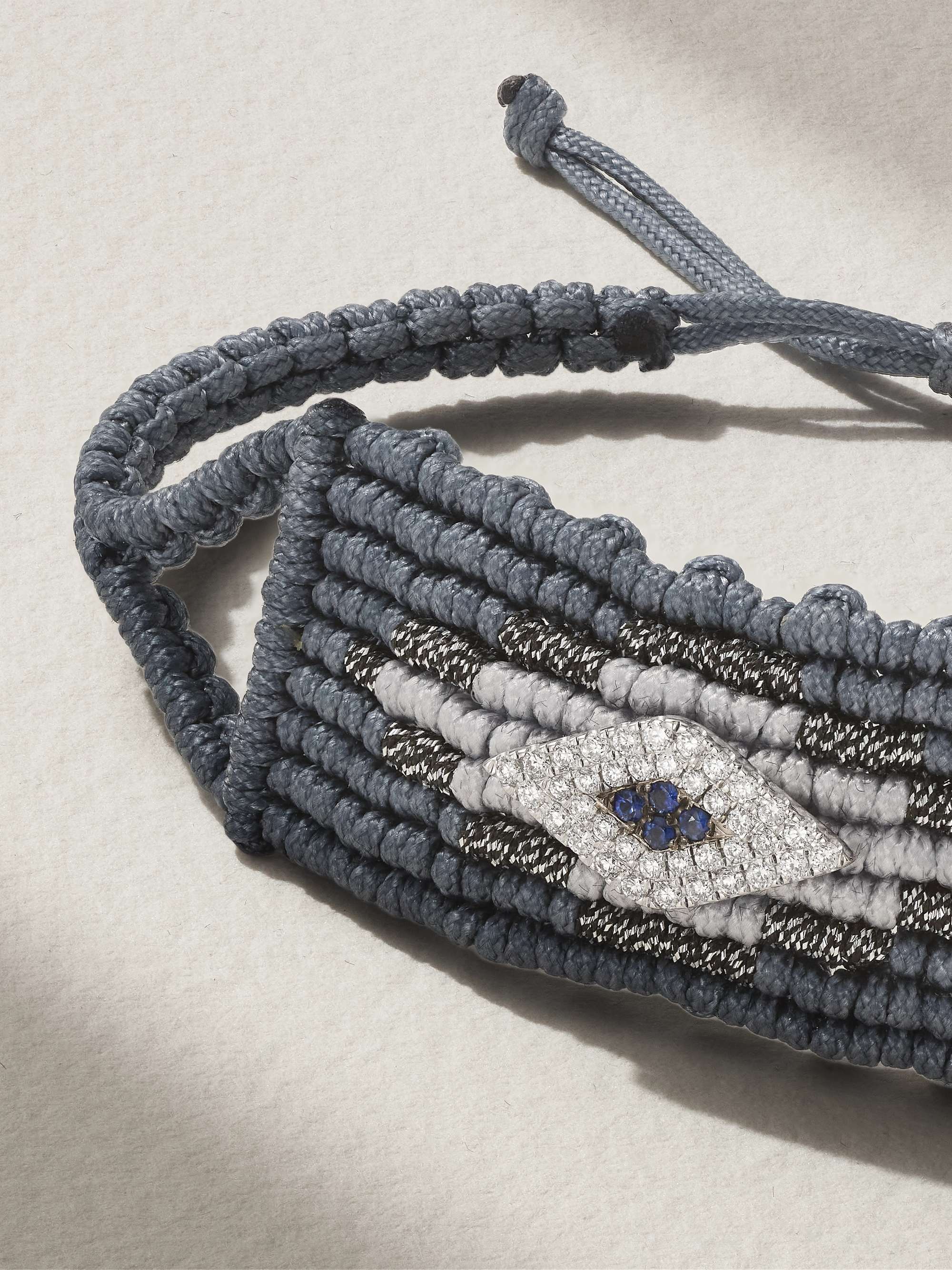 DIANE KORDAS Evil Eye woven cord and 14-karat white gold diamond and sapphire bracelet