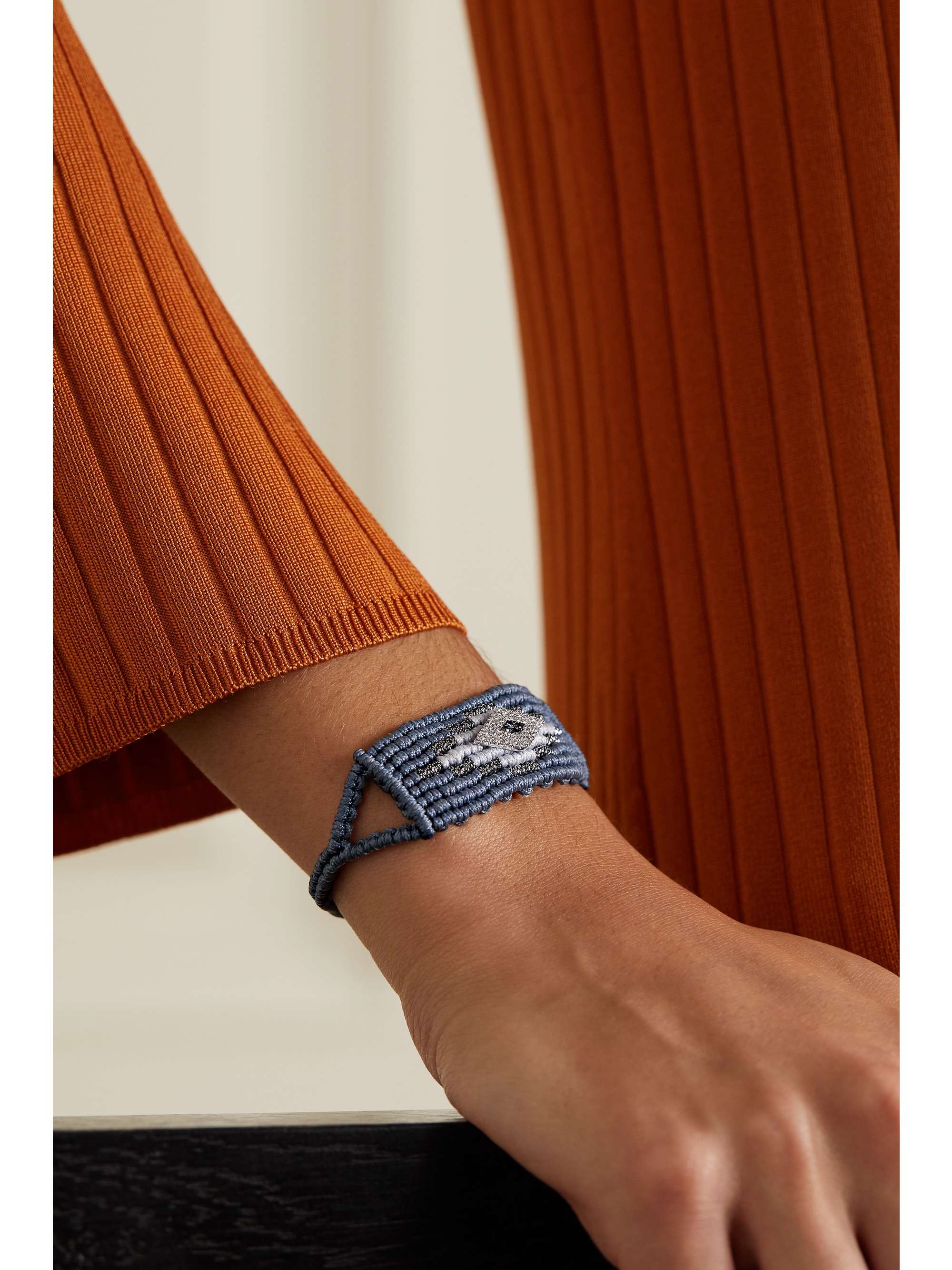 DIANE KORDAS Evil Eye woven cord and 14-karat white gold diamond and sapphire bracelet