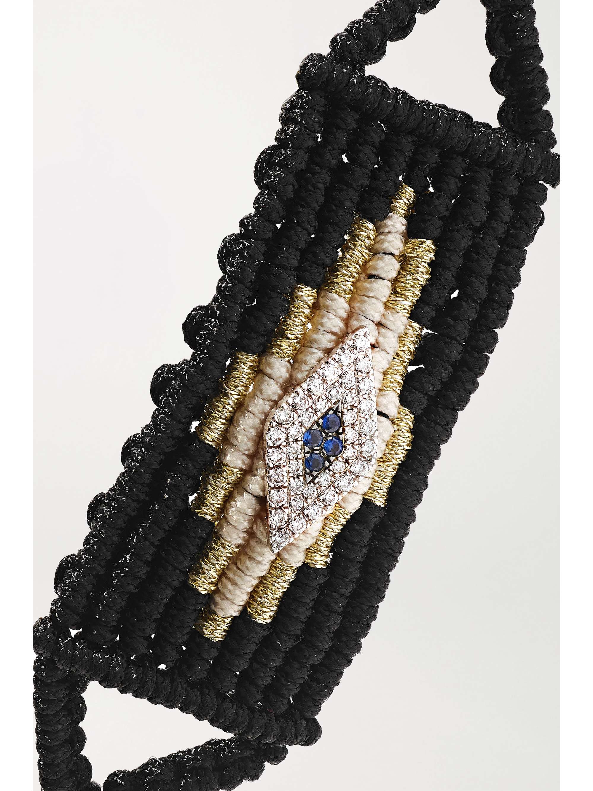 DIANE KORDAS Evil Eye woven cord and 14-karat white gold diamond and sapphire bracelet