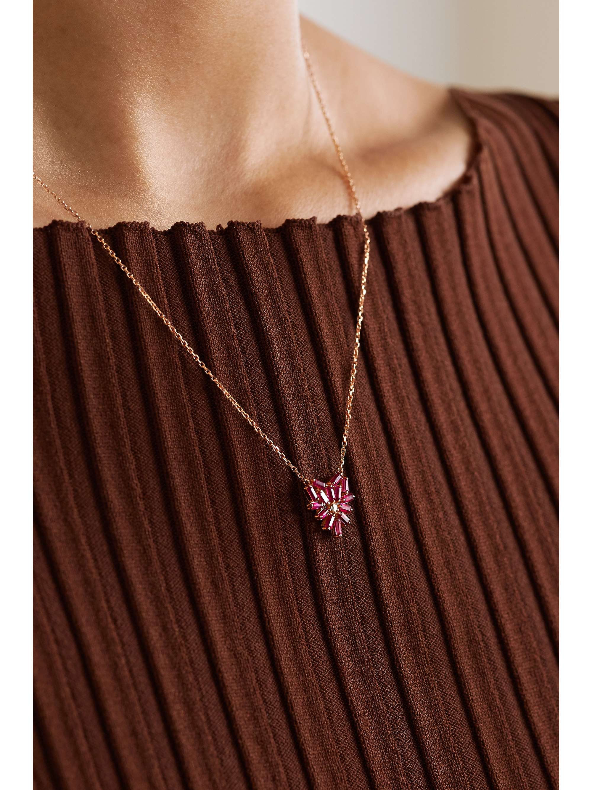SUZANNE KALAN 18-karat rose gold, ruby and diamond necklace