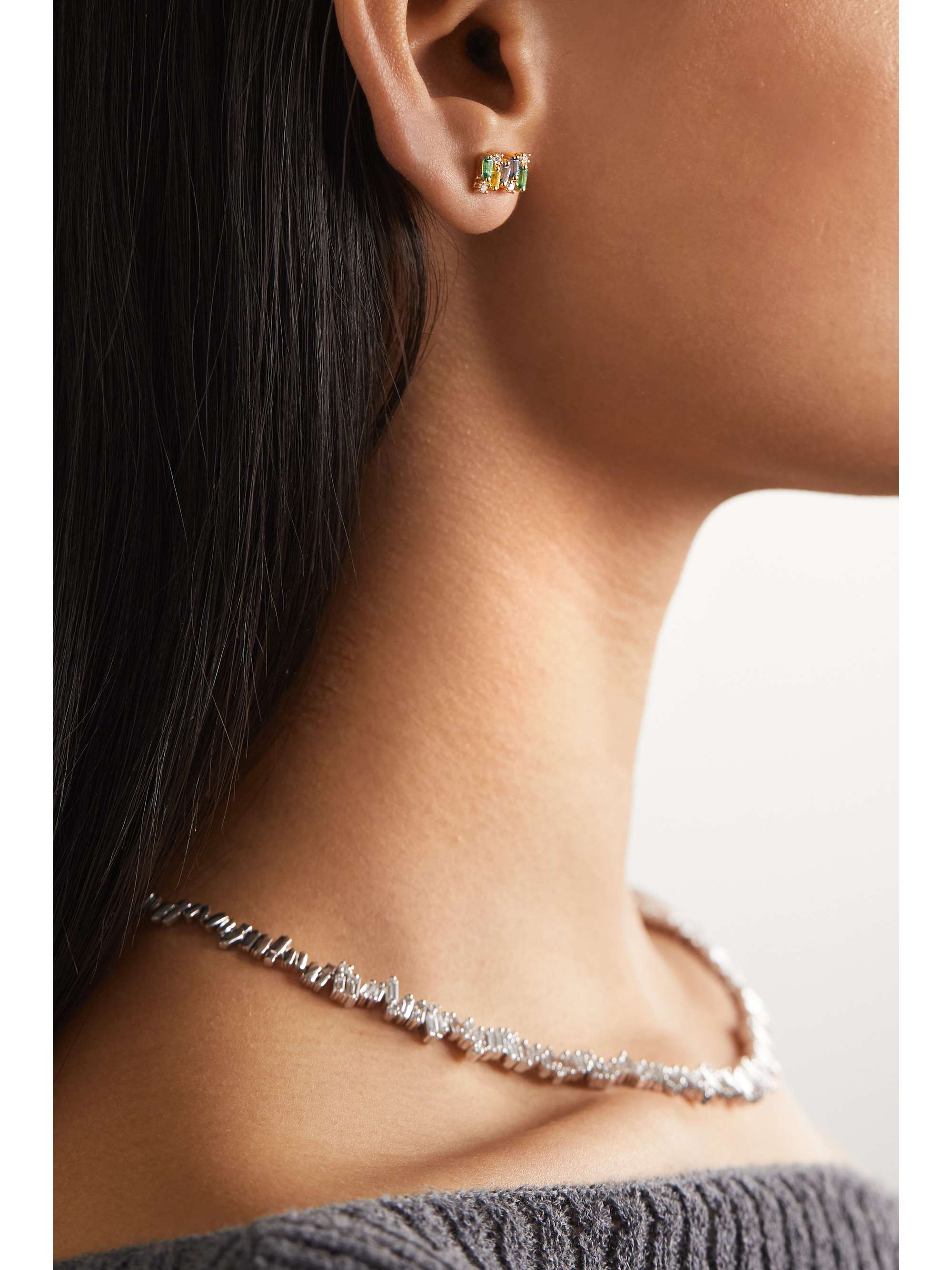 SUZANNE KALAN 18-karat gold sapphire, emerald and diamond earrings
