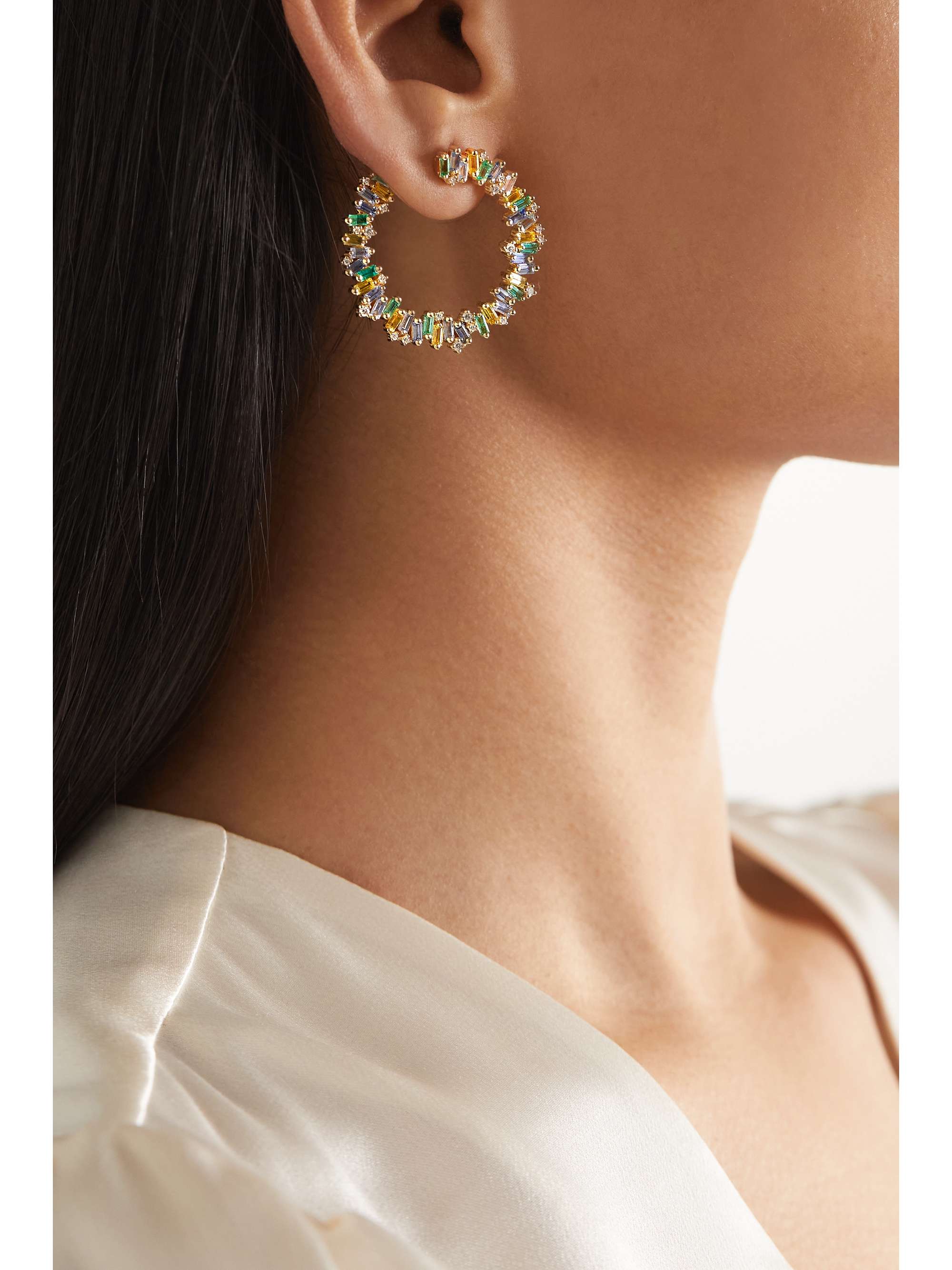 SUZANNE KALAN 18-karat gold sapphire, emerald and diamond hoop earrings