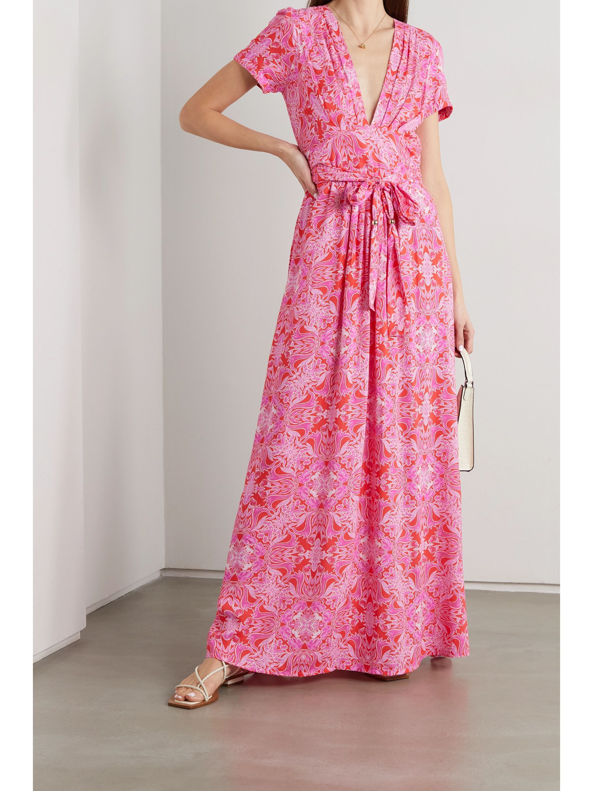 Pink Lou belted floral-print voile maxi 
