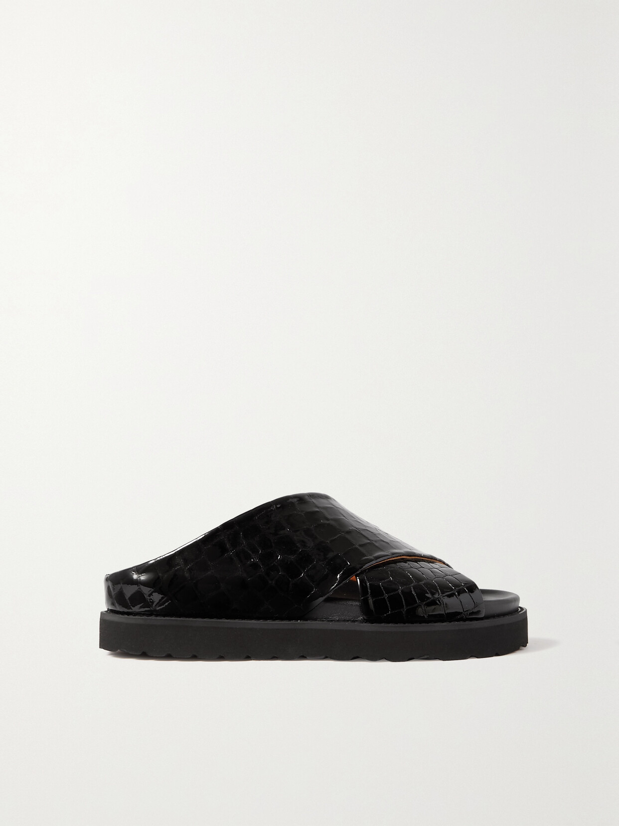 GANNI GLOSSED CROC-EFFECT LEATHER SLIDES