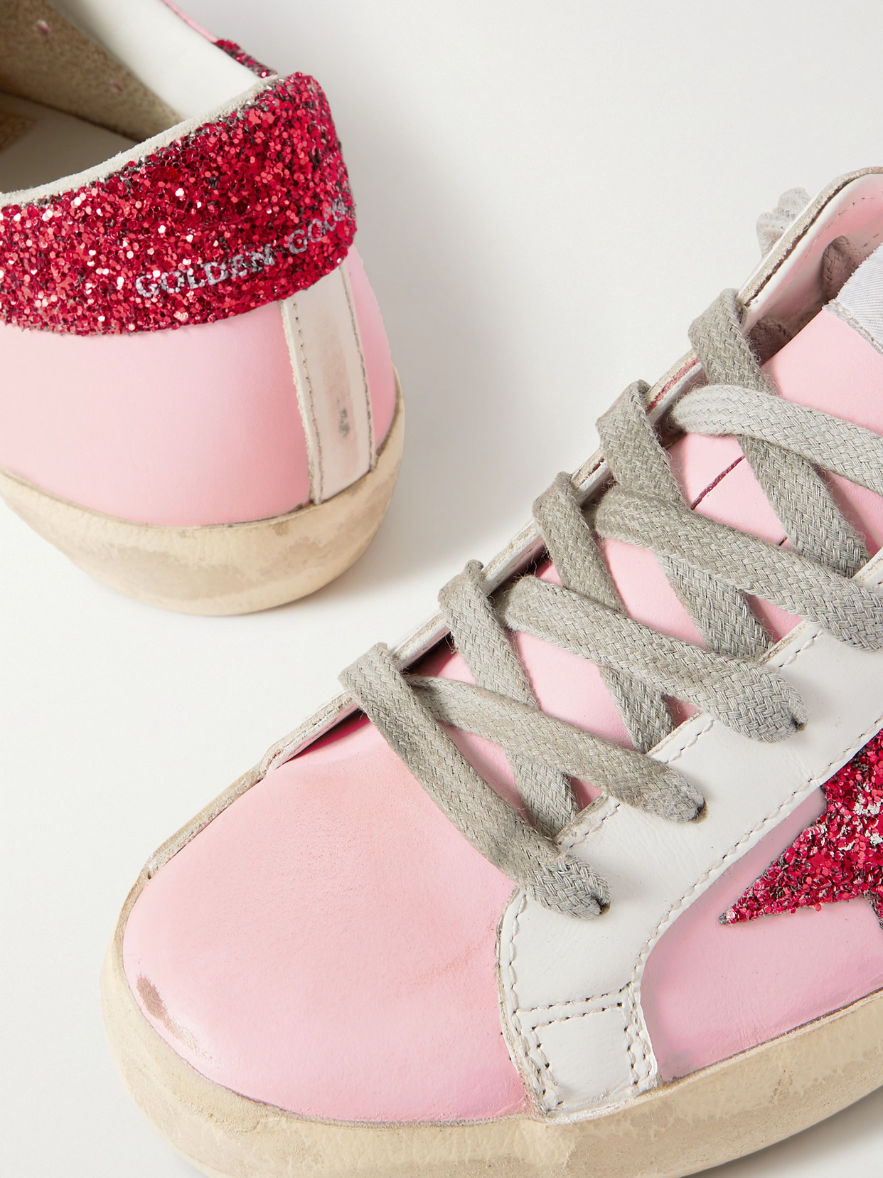 Shop Golden Goose Superstar Glittered Distressed Leather Sneakers In Pink