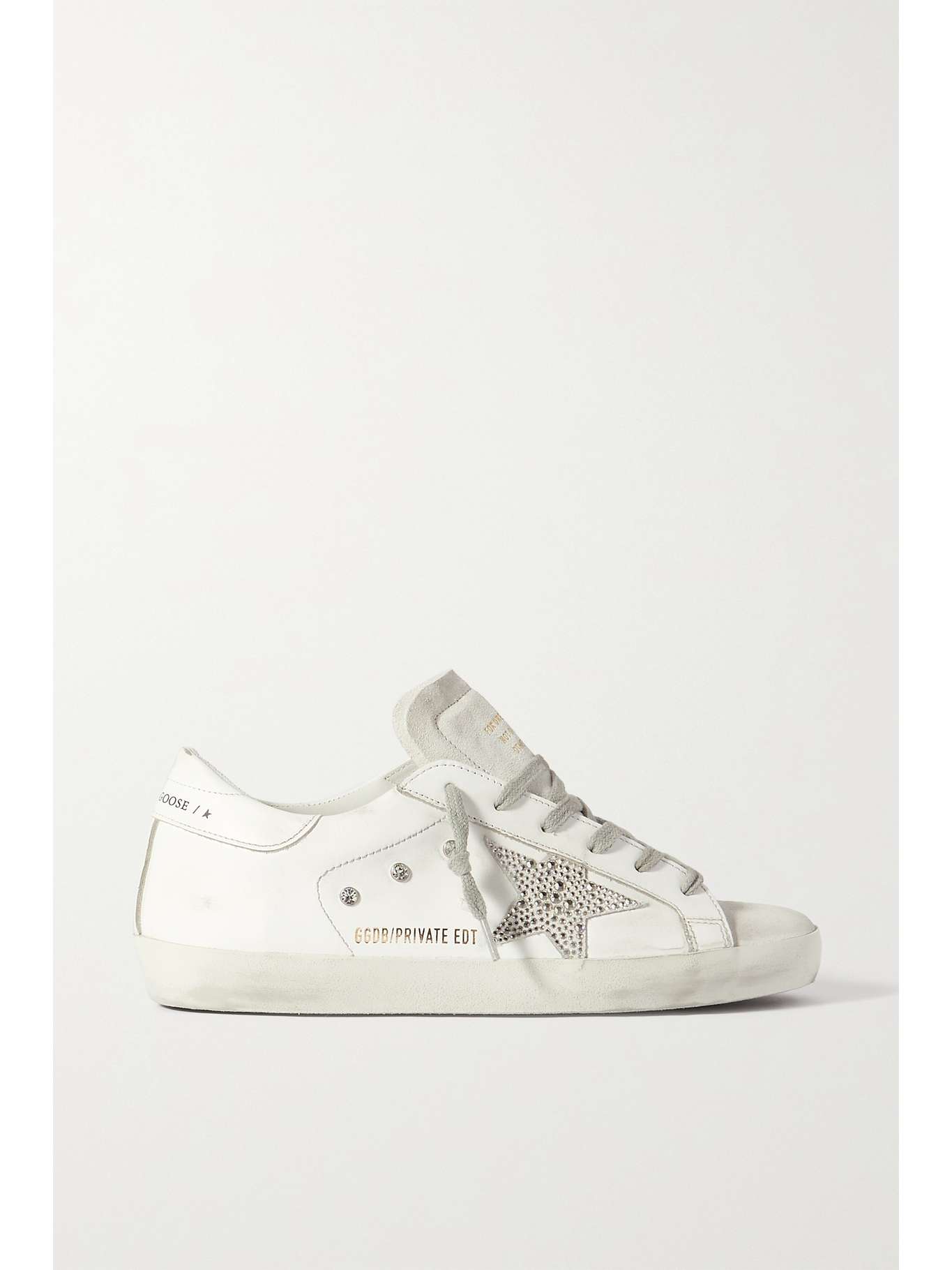 GOLDEN GOOSE Superstar crystal-embellished distressed leather and suede sneakers